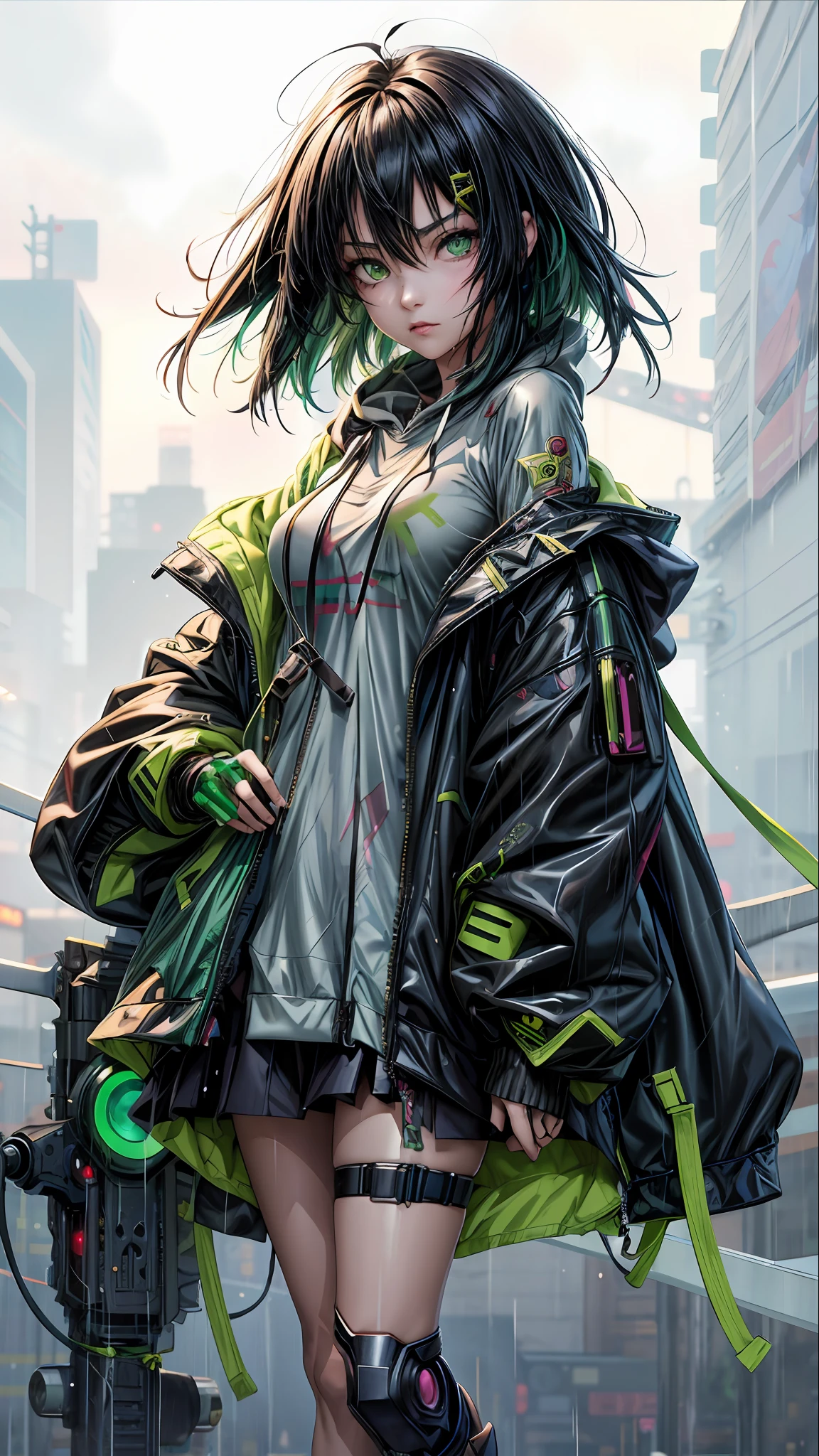 anime girl with green eyes and black hair standing in the rain, rogue anime girl, cyberpunk anime girl in hoodie, portrait knights of zodiac girl, detailed anime character art, anime style 4 k, anime girl of the future, cyberpunk anime girl, female cyberpunk anime girl, best anime 4k konachan wallpaper, portrait anime space cadet girl, anime cyberpunk art