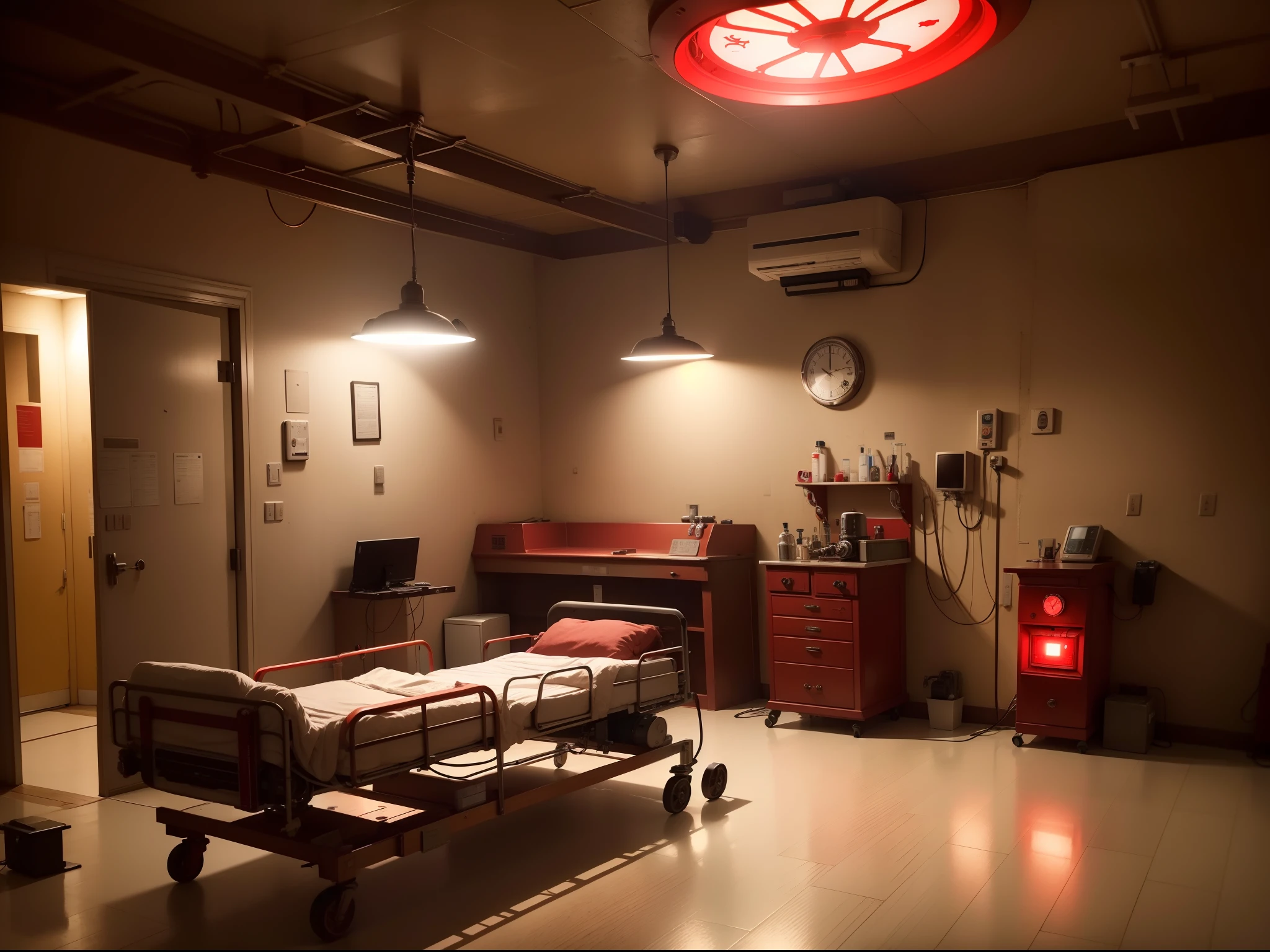 hospital, sala de cirurgia, mechanical respirator, cama de cirurgia no meio da sala, medical instruments,red emergency light, Sem humanos, red warning lamp, eletrocardiograma, heart monitor machine, Steampunk