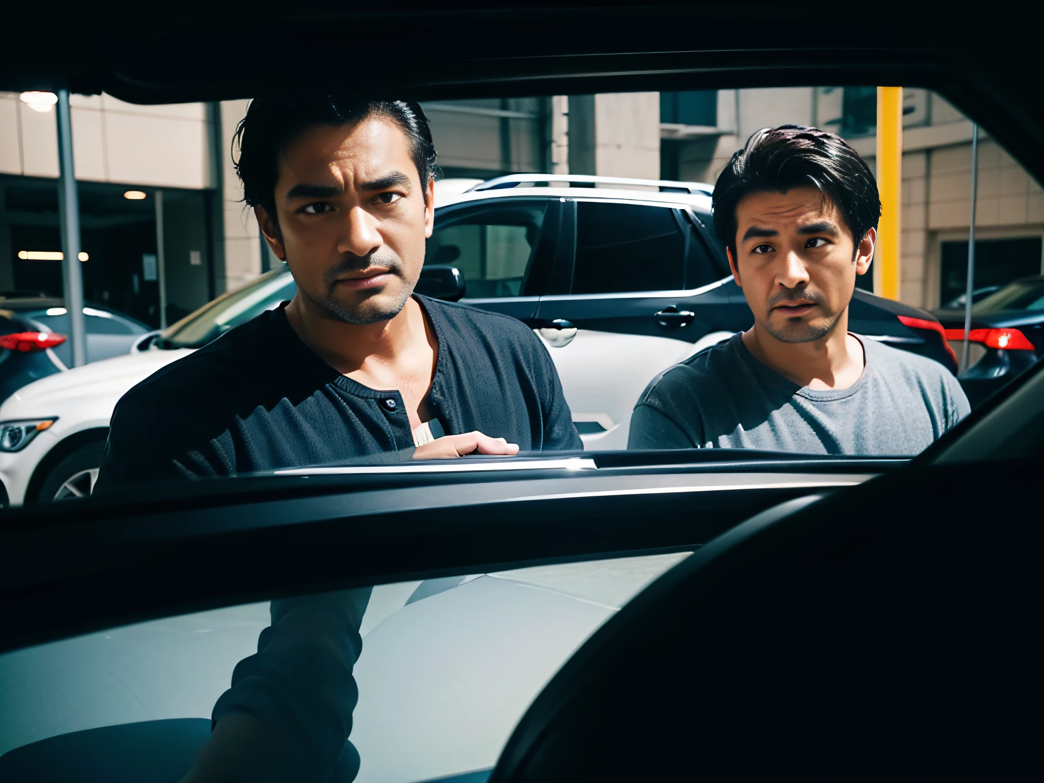 2 men shopping for a car at a car store, Face in Focus, Facial details are depicted to the extreme