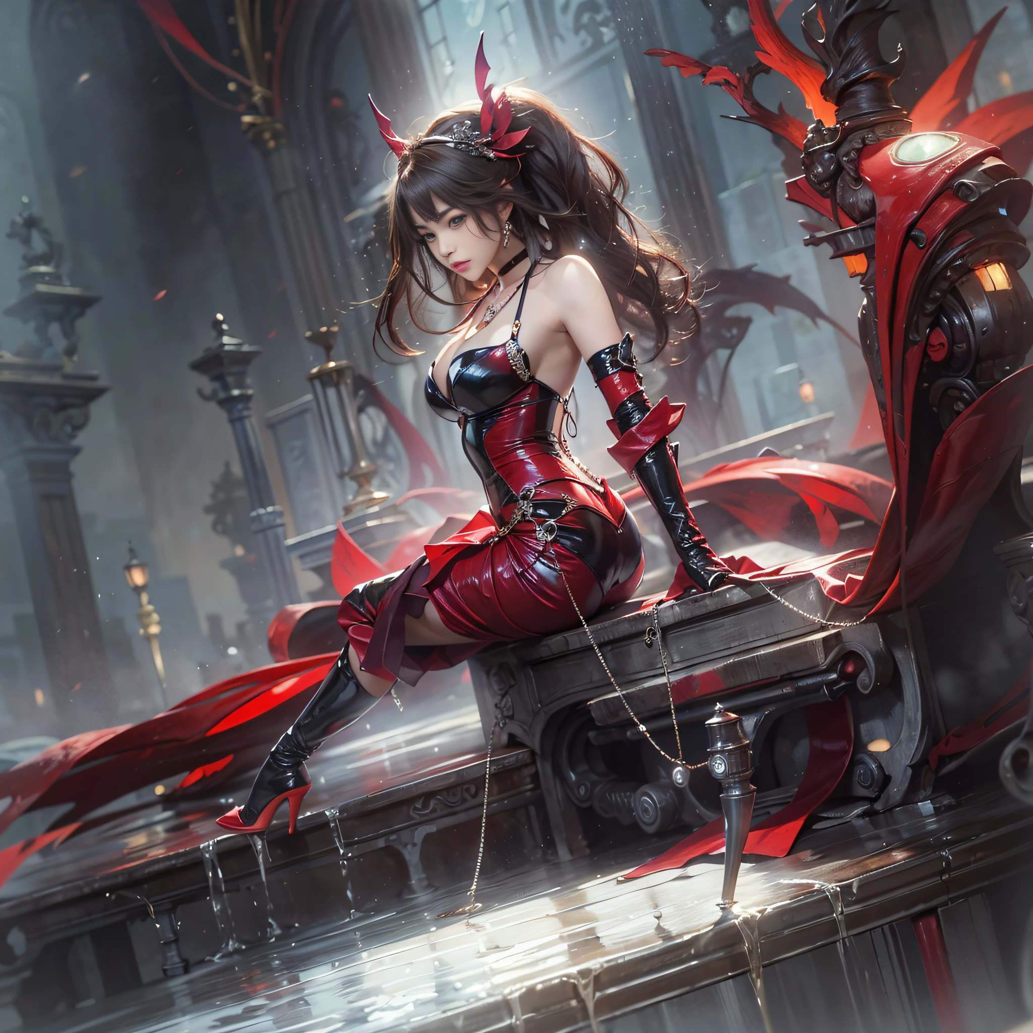 ((​masterpiece:1.4)、(top-quality:1.4)、(reallistic:1.7))、a beauty girl、Sexy Daughter、1girl in、latex shiny、By Luis Royo、age19、Super Ultra Ultra Bikini、Looking Back Beauty、Outstanding style、Slender Abs、beauty legs、Beautiful ass、A detailed eye、beautidful eyes、Raw photo、red-lips、Red High Heels、a choker、a necklace、耳Nipple Ring、