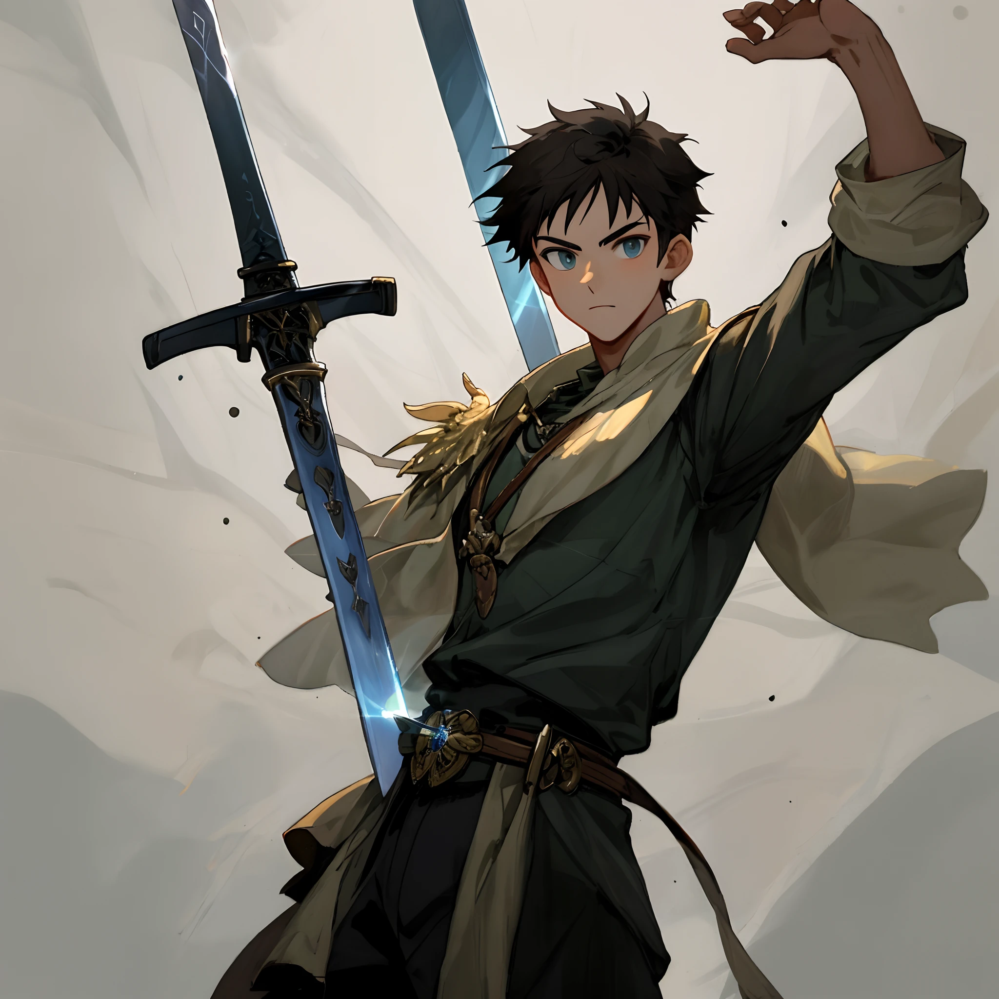 The boy holds the sword