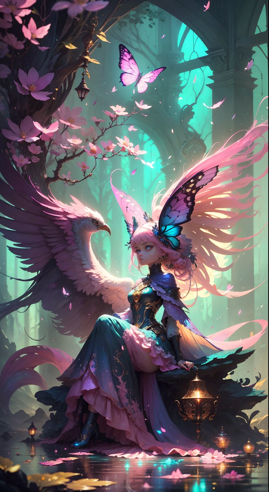 (((masterpiece))), (((best quality))), ((ultra-detailed)),(highly detailed CG illustration), ((an extremely delicate and beautiful)),cinematic light, Create a stunning fantasy artwork that mimics the style of currently trending masters of the genre. The art piece should contain elements of both mythic fantasy and fairytale fantasy with colorful accents. ((Utilize various shades of pink and watercolor pastels as the main color scheme.)) The character in the artwork is a delicate but strong petite figure with an aura of mystery and magic. Pay close attention to (((intricate facial features, such as mesmerizing eyes with vibrant colors and bold shading.))) The character's clothing should be designed with gossamer feathers, silk, stunning embroidery, and subtle iridescent details. Incorporate dreamy colors, dynamic lighting, and detailed background elements to create a sense of awe and immersion. Include colorful flying magical birds and jewel-toned butterflies radiating a magical aura. Consider the latest trends in fantasy art, such as incorporating unique lighting effects, exploring dynamic and compelling composition techniques, and experimenting with unique color palettes. Take inspiration from the top artists on ArtStation and Midjourney. Camera: Choose an angle that highlights the character's beauty and enhances the magical majesty of the artwork. Lighting: Utilize atmospheric lighting techniques to create depth and mood. Resolution: Aim for a high-resolution artwork to showcase intricate details and clarity. Art Inspirations: Seek inspiration from the trending artists on ArtStation, exploring different styles, genres, and themes.