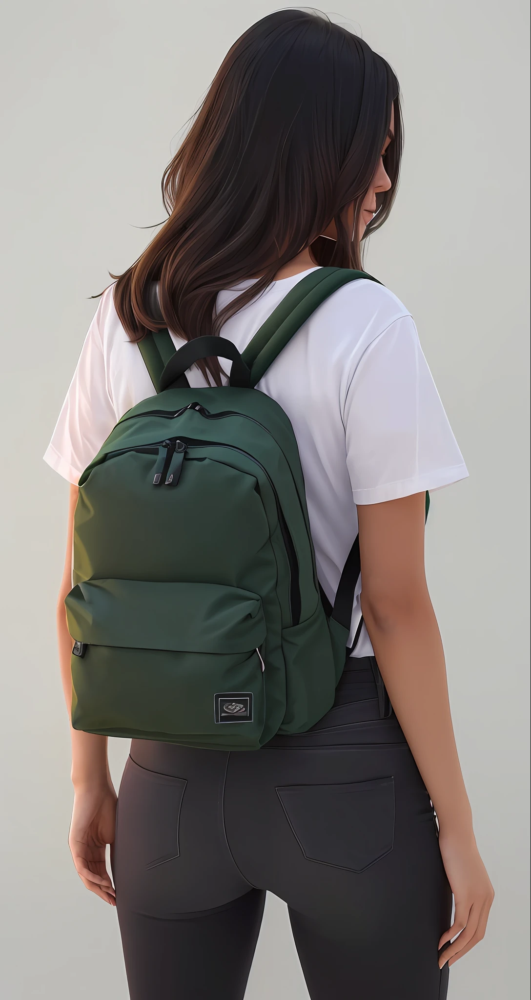The back view of a beautiful woman with defined buttocks wearing a green backpack, uma mochila, com uma mochila, mochila, ao entardecer!, uma mulher usando uma mochila, com dois bolsos Frontais, a mulher tem uma mochila, saco sobre a cintura, 3/4 vista Frontal, Noite ao entardecer, in a medium full shot, F / 2 0, dusk setting