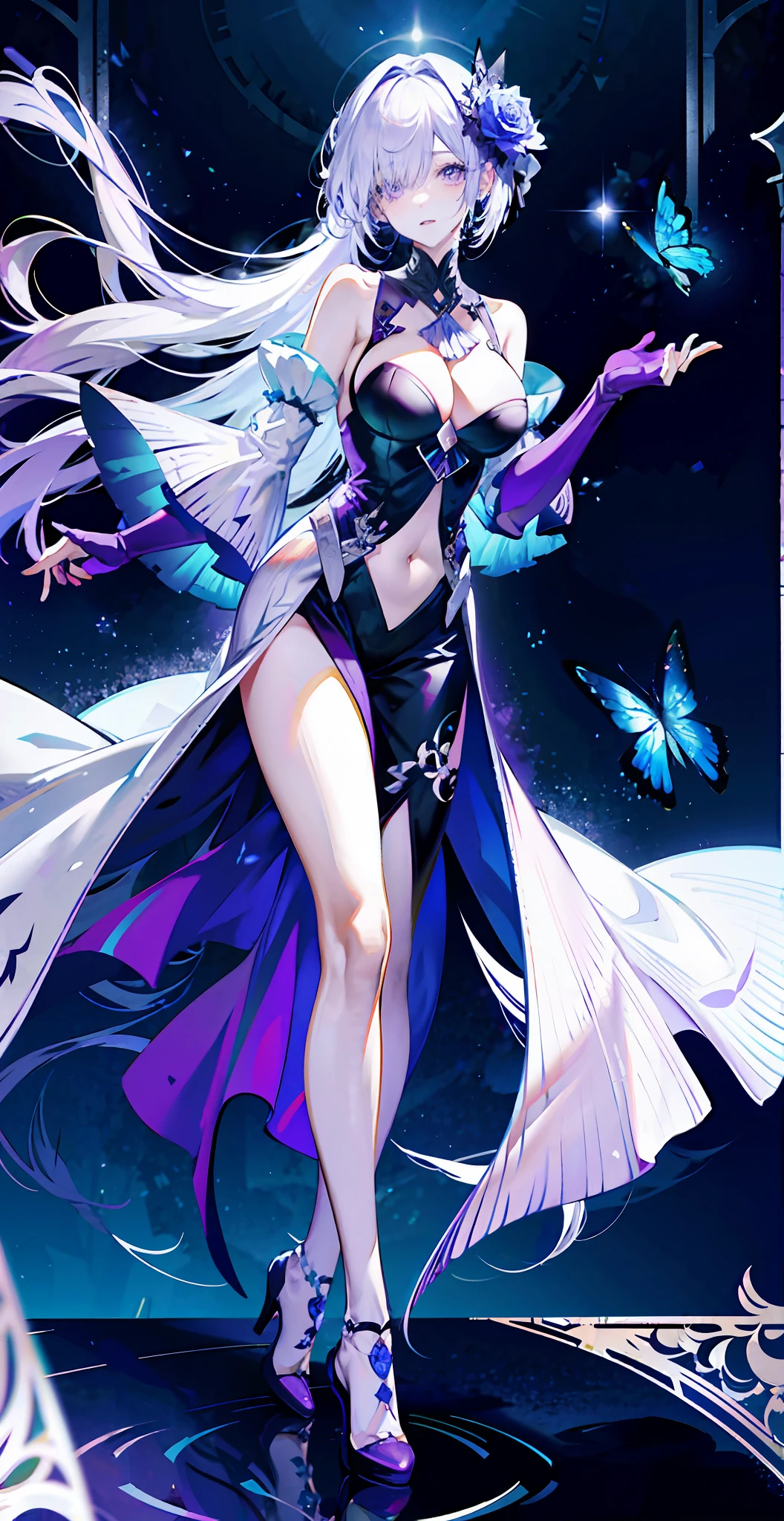 silber hair,butterflys,long whitr hair,8k wallpaper,detailedbackground,Highest high resolution,deep v big breasts,Hair covers one eye,Bandeau,Church background,Purple roses,tight-fitting,themoon,silver high heels