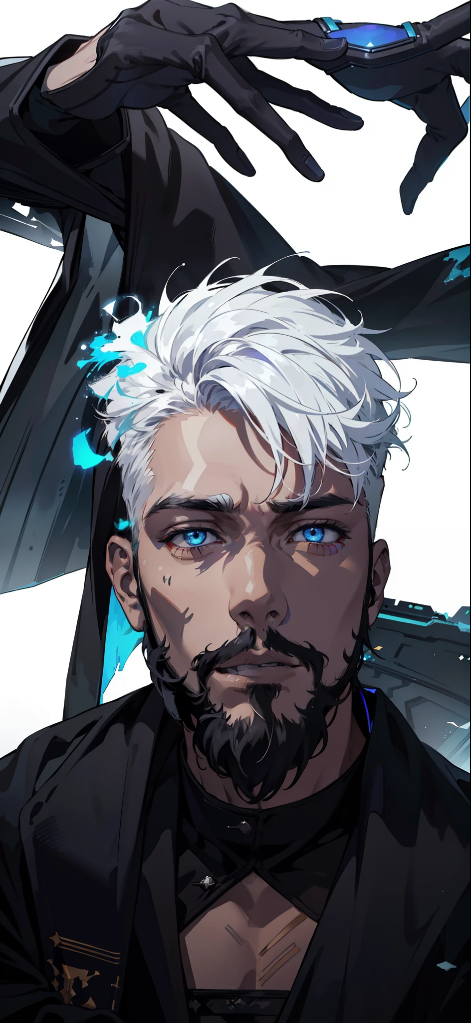 Cyberpunk male, fantasy world, dark background, clean design, epic instagram, artstation, colorful paint splatter, silhouette, hyper detailed intricate details, unreal engine, fantasy, intricate details, splash screen, complementary colors, Fantasy concept art, 8k resolution, deviantart masterpiece, oil painting, heavy strokes, paint dripping, (isolated on white background: 1.3), rainbow skin, (((handsome young man))), ((teenage:1.5) ), (glowing blue eyes), ((light eyes)), ((((short white hair: 1.1))), ((black clothes)), (prince\\(indifferent expression\\),, ( ((Wears high detail luxurious black robe))), white hair, frost magic, ((chest) --v 6
