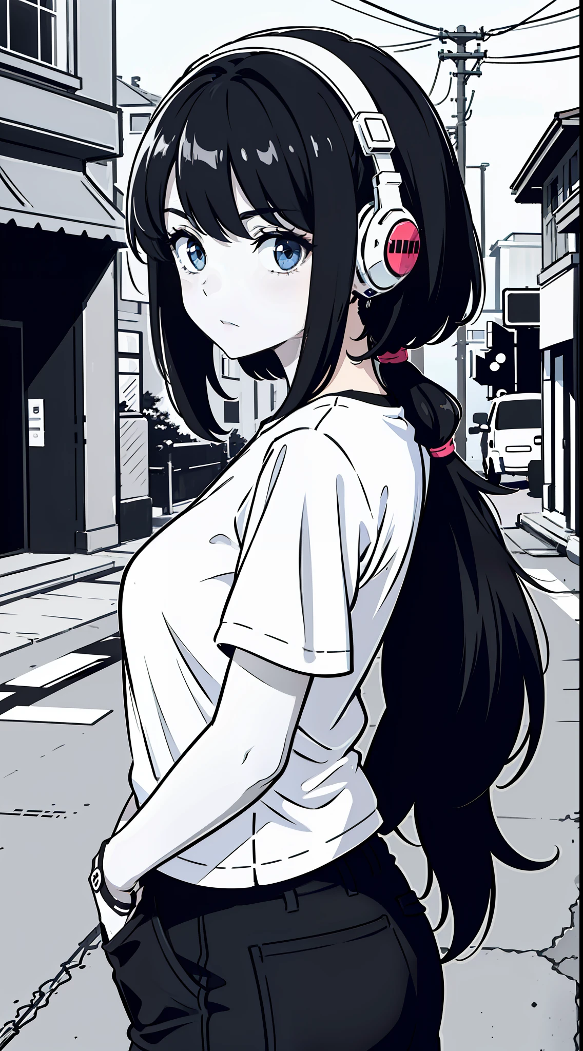 girl, side portrait, black and white, messy short hair, edgy accessories,sporty style, casual t-shirt, confident gaze, monochrome color scheme, looking to the side, chic street fashion, casual hands in pockets pose,head,((a person)),Over-ear headphones, large ear cups,Luxurious long hair