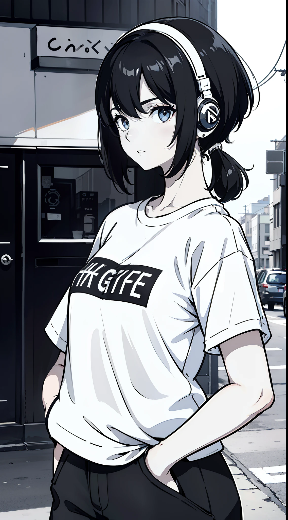girl, side portrait, black and white, messy short hair, edgy accessories,sporty style, casual t-shirt, confident gaze, monochrome color scheme, looking to the side, chic street fashion, casual hands in pockets pose,head,((a person)),Over-ear headphones, large ear cups,Luxurious long hair
