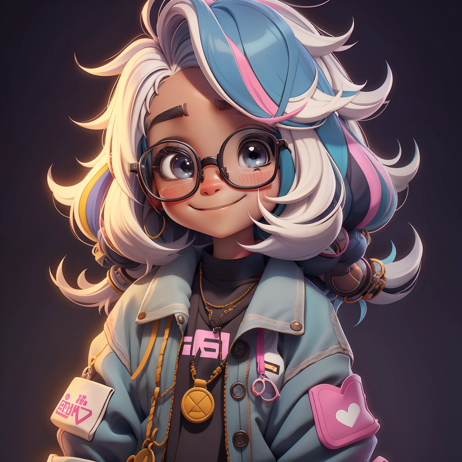 Loli girl, cabelo multicolorido, preso, Eyeglasses, sorriso e olhos delicados, corpo inteiro, modern accessories, moletom, fundo simples, Melhor Qualidade