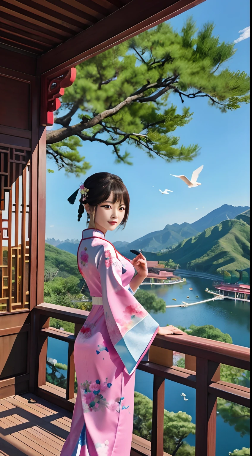 A Chinese beauty standing by the river，中景 the scene is，（Wearing a gorgeous pink cheongsam:1.2)，Lightweight silky fabric((on cheongsam))，Flowing silk，（Detailed and perfect facial details），（Beautiful and affectionate eyes），Flowing silky hair，Pavilion，the trees，Flying birds，The vista is mountains，(Ink painting style)，Clean colors，Decisive cut，Leave white space，impressionistic，tmasterpiece，（8k wallpaper），（Extremely meticulous and perfectly detailed painting），Epic composition，high high quality，HighestQuali，Master works of painting，realisticlying，Inspired by：《Suzhou Garden》，Ray rendition