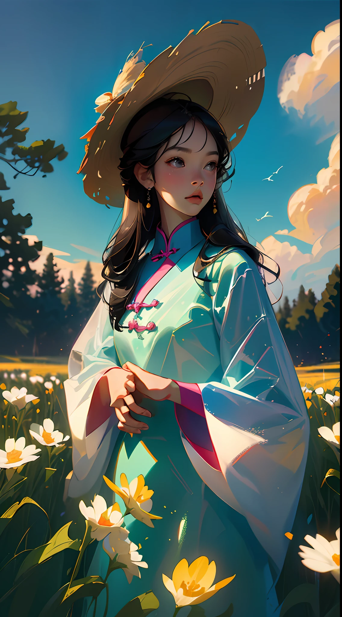 Straw hat wearing(Chinese girl:1.2)standing in a wheat field,中景 the scene is,(Extremely delicate and perfect facial depiction),(Wearing a gorgeous pink cheongsam:1.2),Cheongsam in lightweight silky fabric,(Long black hair),Long silky hair,中景 the scene is,Endless golden wheat fields,blue-sky,Rolling white clouds,The vistas are trees and birds,Rice fields,There are neat rice seedlings in the field,ln the forest,hillside,Quiet,(The setting sun shines obliquely through the clouds),(Extremely detailed picture depiction),high definition detail、Hyper-detailing、cinematic ligh、ultra-realistic realism、Soft light、Deep field focus bokeh、Ray tracing and surrealism,Strong color contrast effect,(octanerender),(8k wallpaper),(Noticeable light and shadow effects),(Light particle tracing),(White balance),(cinmatic lighting),(Masterpiece),(Master painting),realisticlying