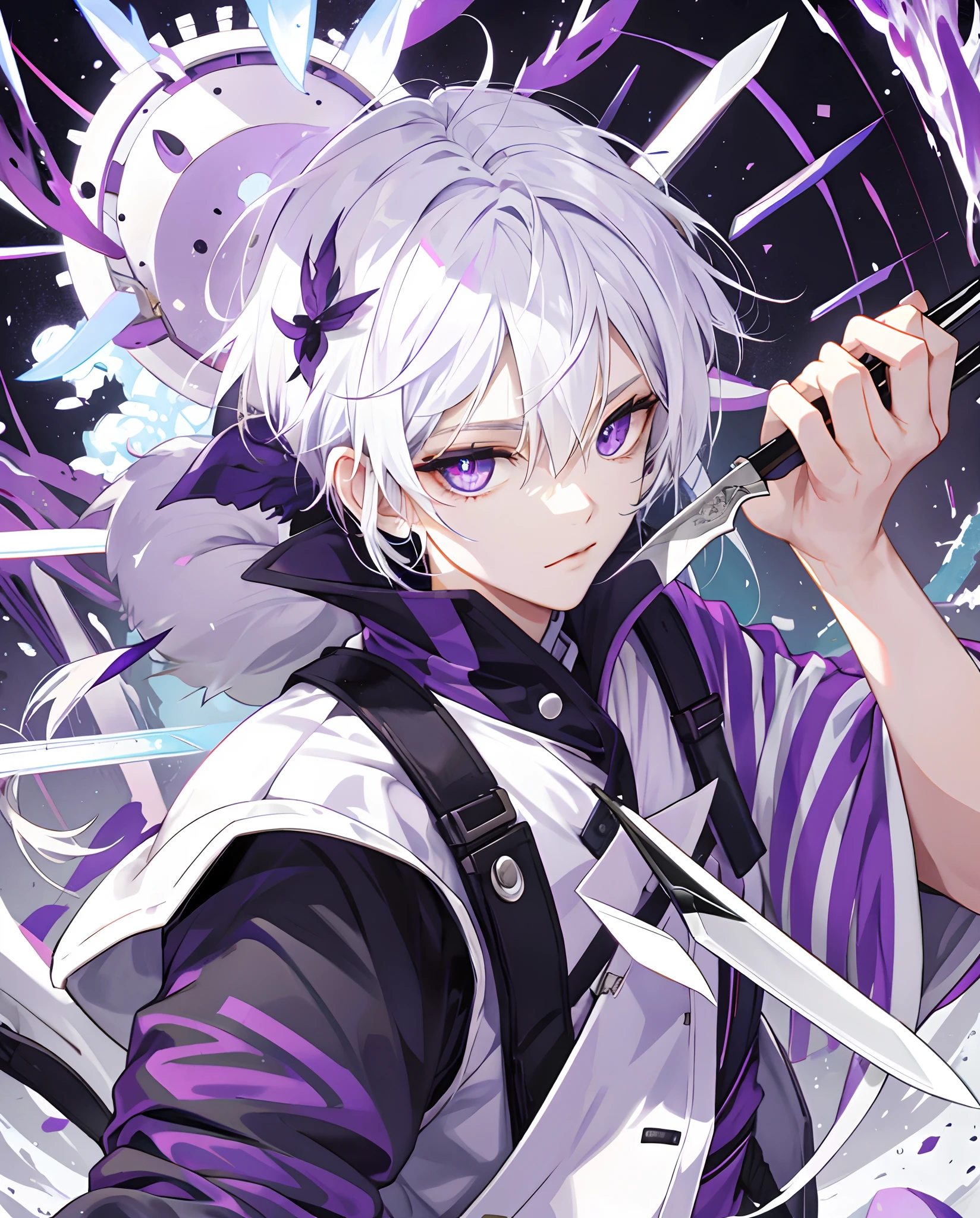 Quadratic white hair, purple pupil, cool tang knife