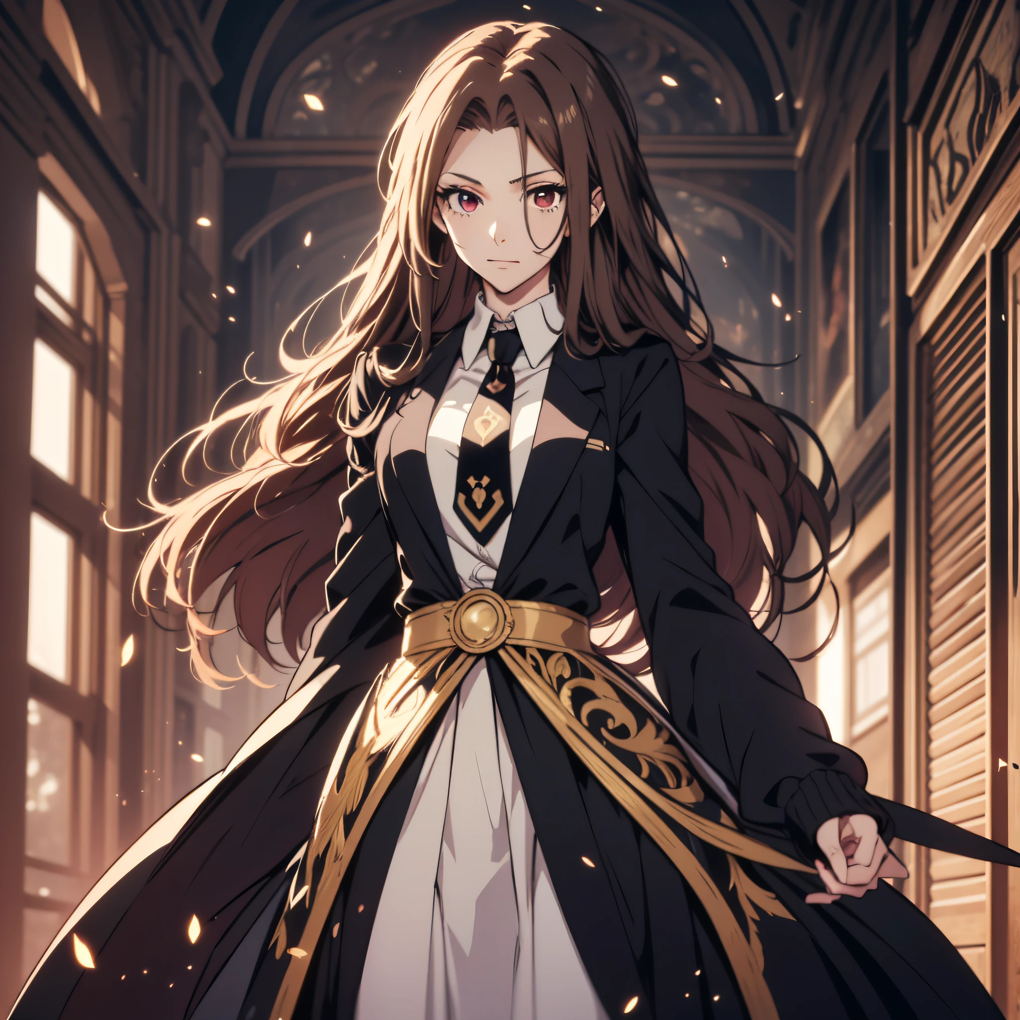 ((ultra-detailed, masterpiece, perfect pixel, highrest, best quality)), 1girl, single, solo, 20 years old Anime girl, smooth anime artstyle, long raven hair, slightly wavy hair, parted bangs, brown hair, gradient hair color, Magus, ((red eyes, detailed eyes, beautiful eyes)), long black coat, white shirt, ((neckwear, long tie)), black skirt, aristocrat, noble attire, beautiful, ethereal, elegant, prestigious, indoor, royal, kingdom, particle effect, smooth smoke effect, magic light, standing, looking at viewer