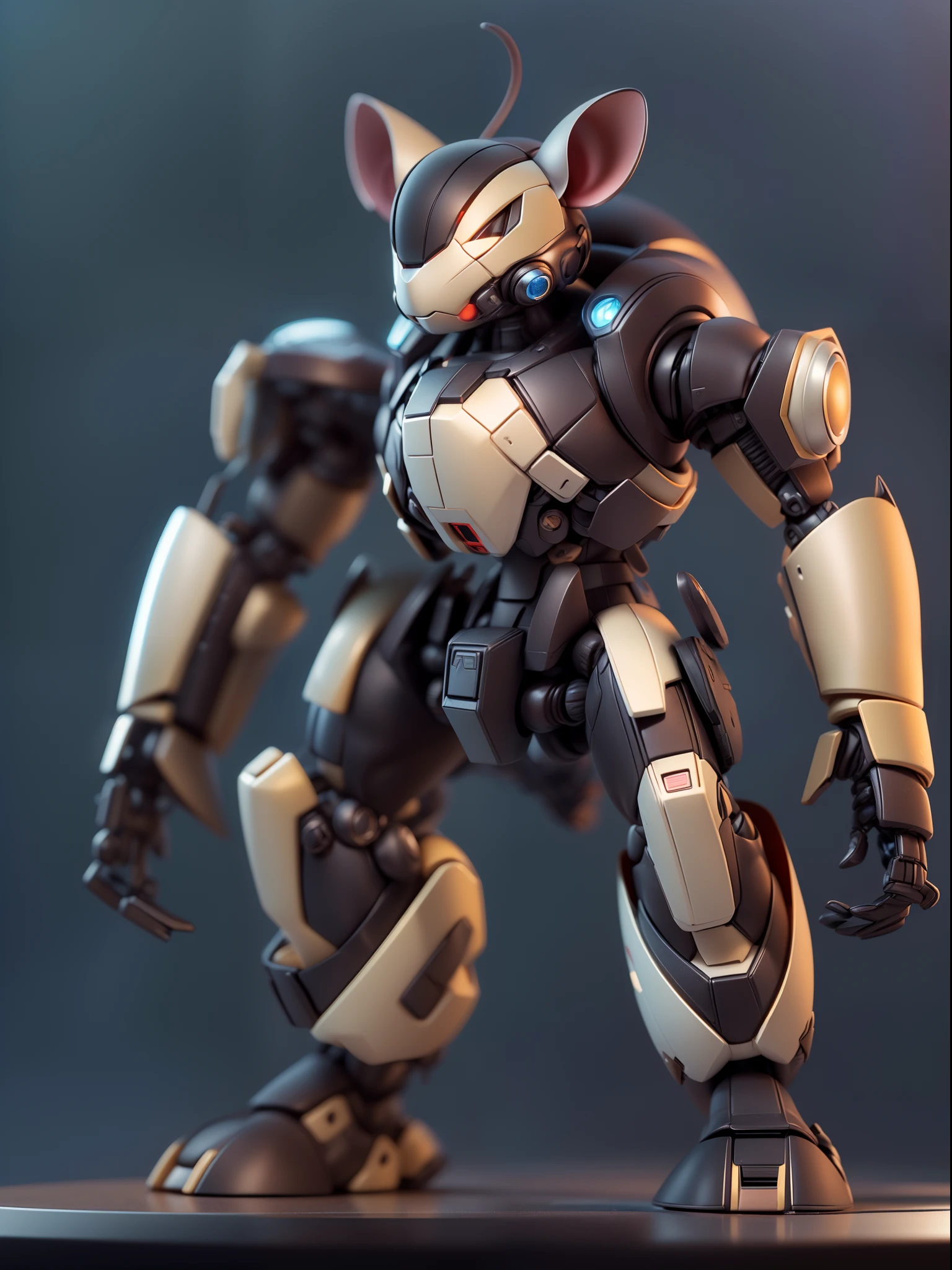 (Blind box toy style:1.3),((Full body shot))(anthropomorphism) , (1 strong mouse mecha warrior)(((solo))) metal mecha,dreamy glow, Clean dark background,Brown black style,(circular base)( Global illumination, Ray tracing, hdr, unreal render,reasonable design, high detail, Masterpiece, Best quality, hyper HD, Cinematic lighting)