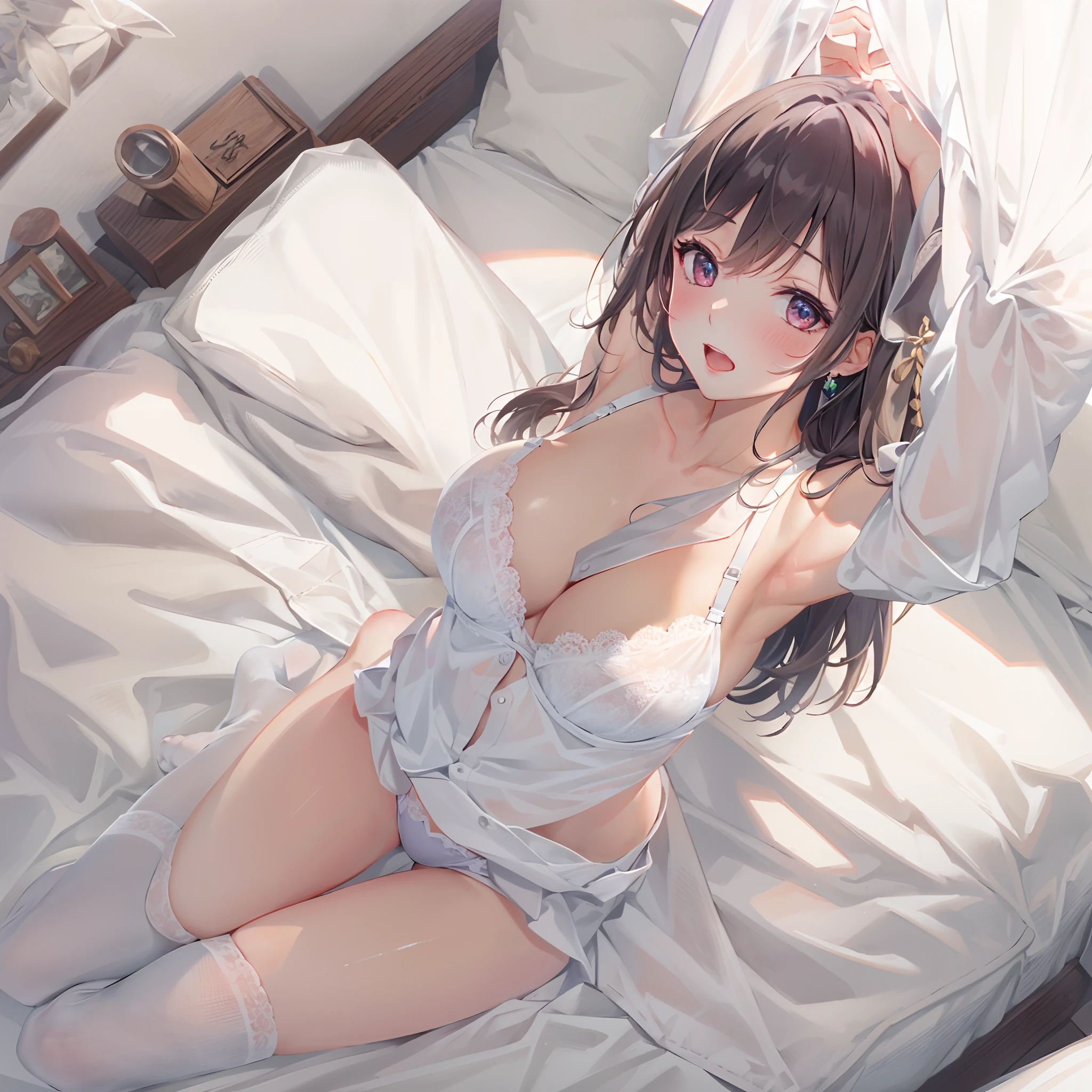 Detailed,8K,1girl in,  Undressing,Arms up,White bra,Panties,Armpits, POV,flat chest, wariza,on the beds,Full body,