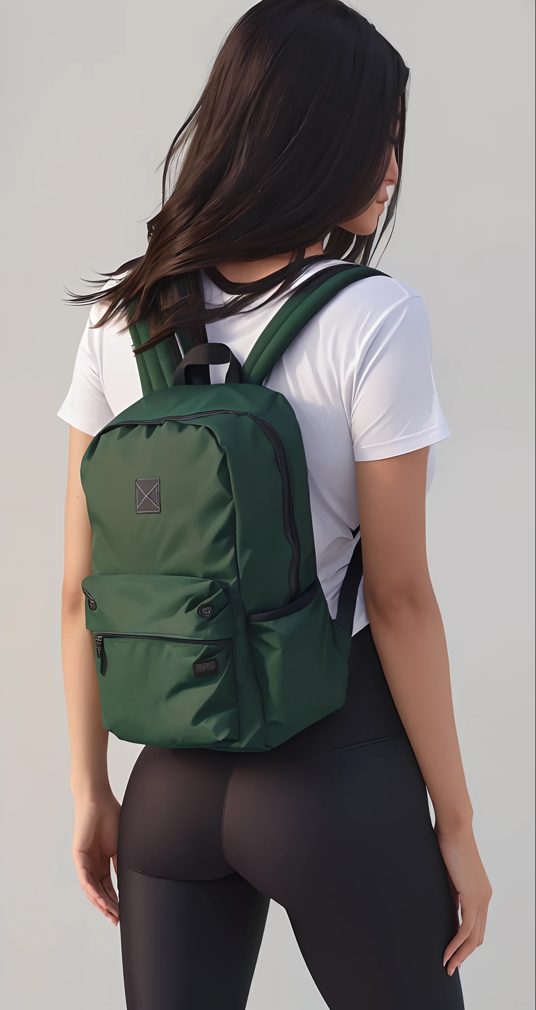 The back view of a beautiful woman with defined buttocks wearing a green backpack, legging pants, uma mochila, com uma mochila, mochila, ao entardecer!, uma mulher usando uma mochila, com dois bolsos frontais, The woman has a backpack and wears leggings, saco sobre a cintura, 3/4 vista frontal, Noite ao entardecer, in a medium full shot, F / 2 0, dusk setting