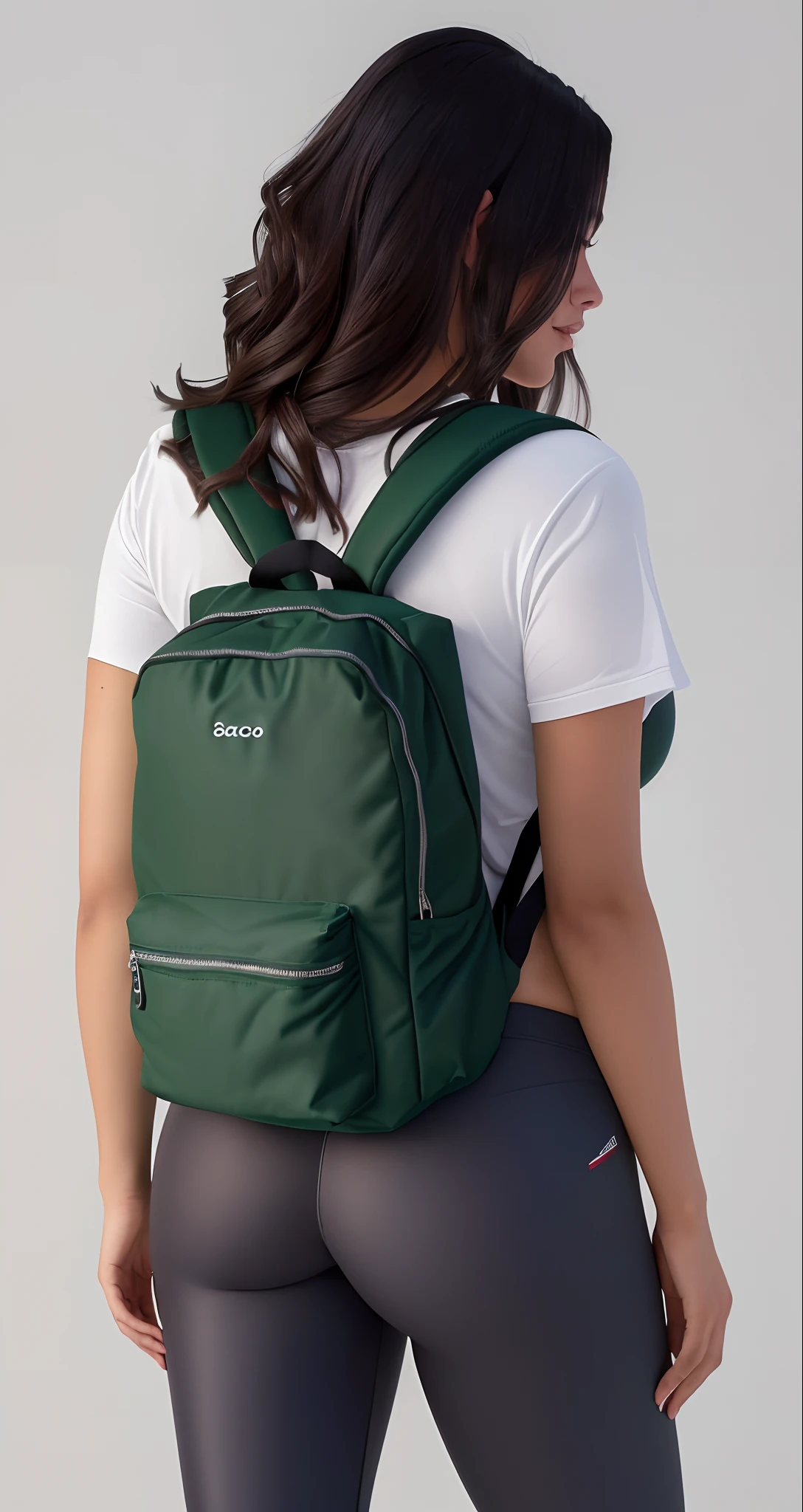 The back view of a beautiful woman with defined buttocks wearing a green backpack, legging pants, uma mochila, com uma mochila, mochila, ao entardecer!, uma mulher usando uma mochila, com dois bolsos frontais, The woman has a backpack and wears leggings, saco sobre a cintura, 3/4 vista frontal, Noite ao entardecer, in a medium full shot, F / 2 0, dusk setting