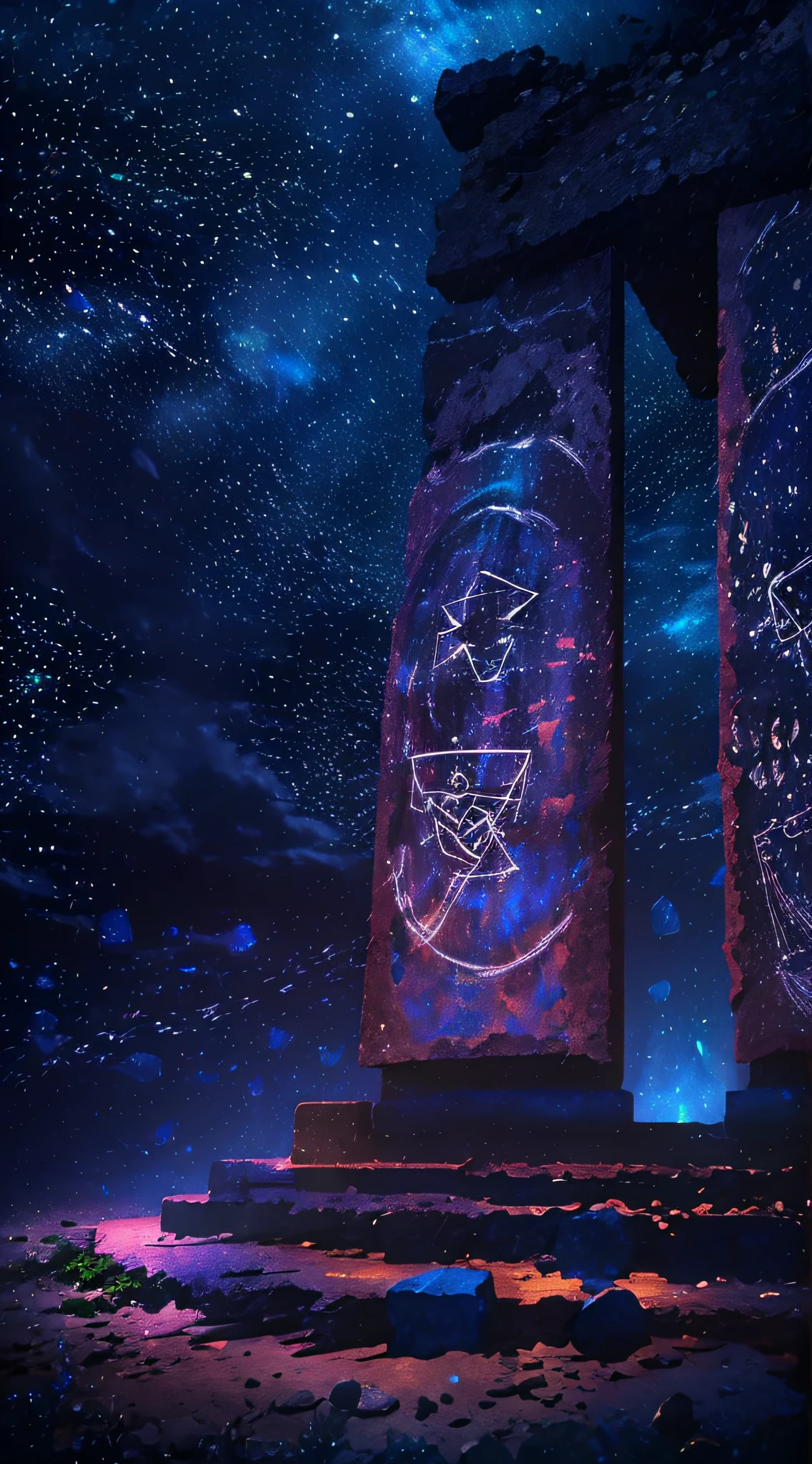 genial, ponte, antigo, Built in stone, azul brilhante, Rune symbols, Starry sky, Unknown constellations, Noite, Silence, mystery, 8k, qualidade superior, tons escuros
