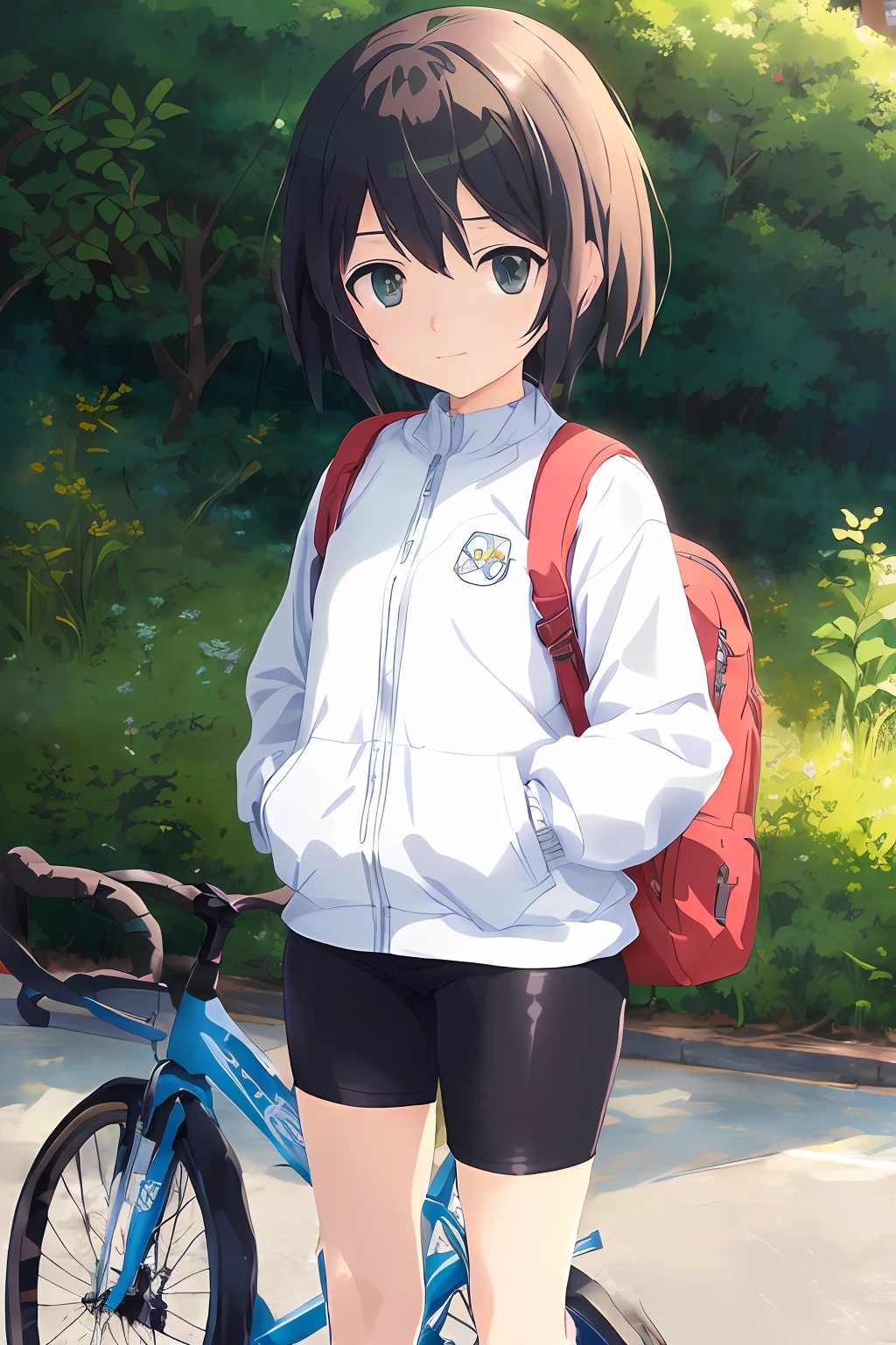 ****** anime com uma mochila e uma bicicleta em um estacionamento, anime moe artstyle, visual anime de uma ****** bonito, arte cg anime suave, Estilo Makoto Shinkai, kantai collection style, arte oficial, retrato de corpo inteiro de um curto!, arte oficial altamente detalhada, ****** anime jovem, Arte Oficial, Makoto Shinkai Estilo de Arte