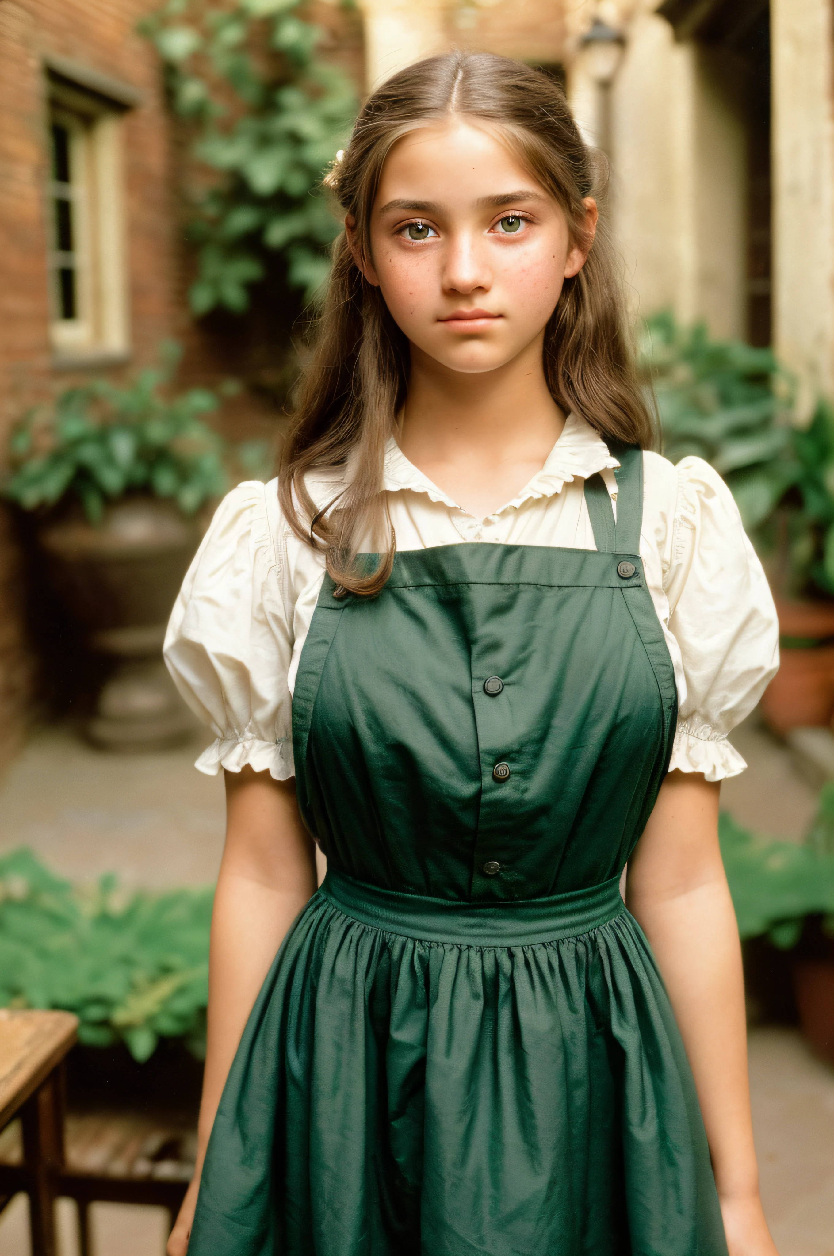 (a closeup of a, Editorial photo of a -yeld beiful girl in a poor work dress with an apron), (Serious:0.5) (Highly detailed face:1.4), ass pov, Nikon D850, film stock photograph ,4 Kodak Portra 400 ,camera f1.6 lens ,saturated colors ,hyper realistic ,lifelike texture, dramatic  lighting , Cinestill 800, (in the courtyard In the village of the middle of the 19th century), 19th-century Victorian style, morena, green colored eyes