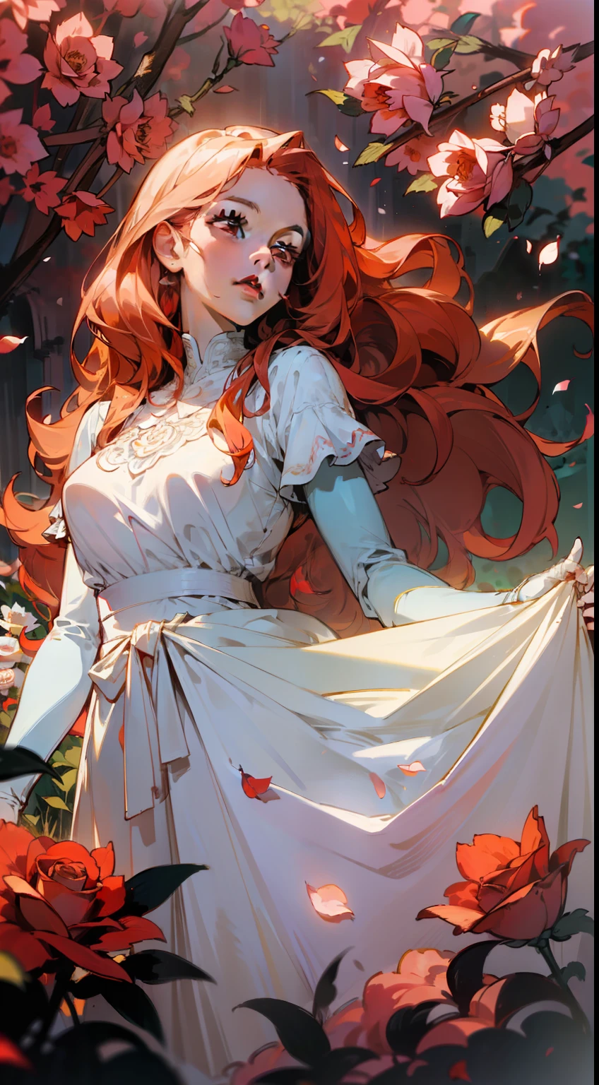 (masterpiece: 1.2, realistic: 1.37, ultra high resolution), female model, light skin, long red wavy hair, white dress, in a sunlit garden, with rose petals everywhere, high contrast, dynamic, soft focus.