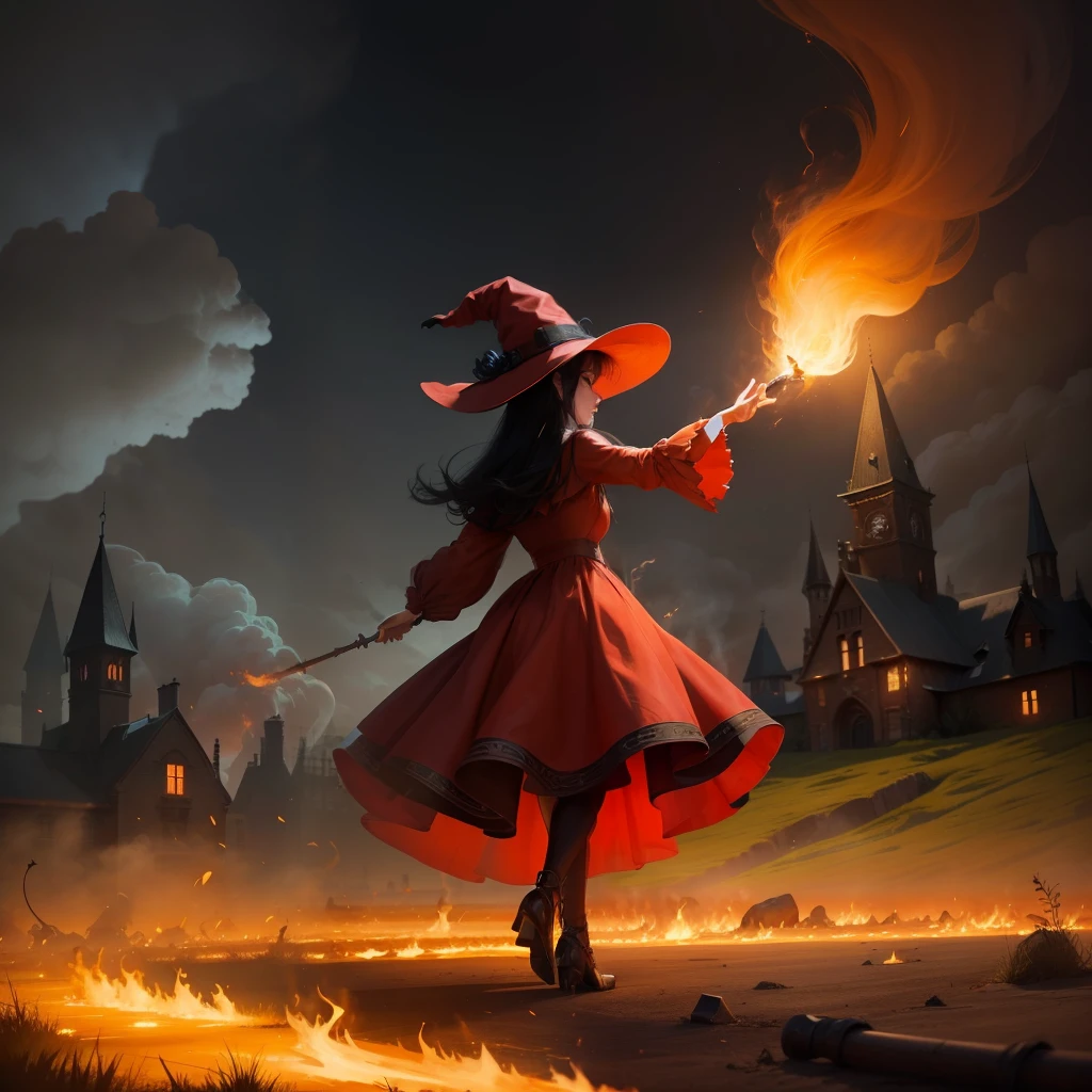 (best qualtiy:1.23),(tmasterpiece:1.12),(realisticlying:1.24),(Witch in a red dress:1.5)In the dark,A bright flame at the fingers of the right hand,cabelos preto e longos,Whole body diagram,Particle,Volumetric lighting,The ground is on fire,puffing smoke,(flames around:1.2),
