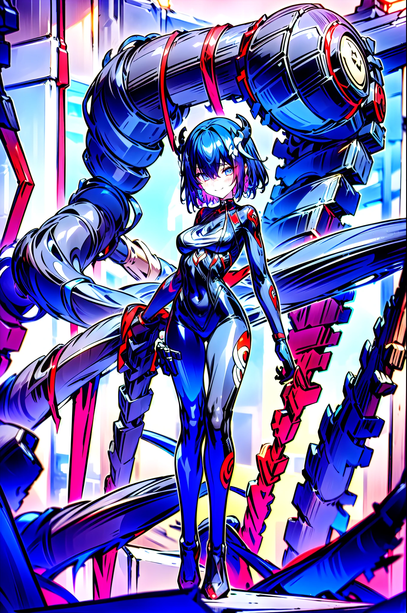 1girll, 独奏, standing on your feet, hair adornments, Blue eyes,, mechanicalparts, electrical wires, electric cables, Failure effect, terroral, sci-fy, A futuristic, background inside dark, neonlight, cyber punk perssonage, hyper realisitc, eerie, unnerving, spine-chilling, terroral, onesie,Blue eyes,Venom possession,Blackened,Long blue gloves,Jumpsuits,Skinny one-piece latex clothing,Highlight her gorgeous figure,Wrap the whole body,symbiote,((Raised sexy)),onesie,Blue eyes,Venom possession,Blackened,Long blue gloves,Jumpsuits,Black latex clothing,Blue eyes,Best quality, high resolution, Ultra-detailed, Vivid texture, Mask, Skinny one-piece latex clothing, bangs, Blue hair,Wear socks,Blackened,Wrapped in black slime,A sad expression,Say goodbye to the gaze,Red coat,long eyelasher, solid circle eyes, Light smile, Ear blush, Dark blue hair, hair between eye, Short hair,, Mad eyes,, Crazy smile, Sad smile, Evil smile, crazy, jitome, shaded, Yandere, chin grab, disdain, Evil, Crazy smile, Colored inner hair, Blue hair, Dark blue hair, surrealism, shadowing, anaglyph, stereograms, tachi-e, angle of view, Atmospheric perspective, Chiaroscuro, Cinematic lighting, 8K, Super detail, ccurate, Best quality, hyper HD, retinas, Masterpiece, Textured skin, Award-Awarded, A high resolution, Best quality, Super detail, best qualtiy, 8K, digitial painting,Red coat,Anime girl in red cape