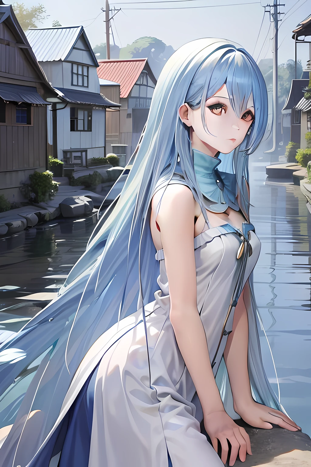 A woman with long blue hair is done by a small river with a house by the river