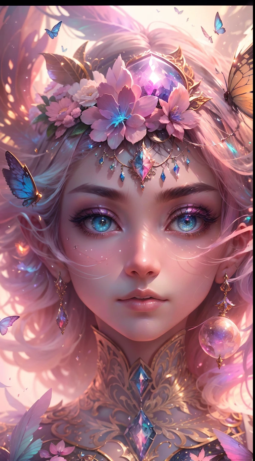 (((masterpiece))), (((best quality))), ((ultra-detailed)),(highly detailed CG illustration), ((an extremely delicate and beautiful)),cinematic light, Create a stunning fantasy artwork that mimics the style of currently trending masters of the genre. The art piece should contain elements of both mythic fantasy and fairytale fantasy with colorful accents. ((Utilize various shades of pink and watercolor pastels as the main color scheme.)) The character in the artwork is a delicate but strong petite figure with an aura of mystery and magic. Pay close attention to intricate facial features, such as mesmerizing eyes with vibrant colors and bold shading. The character's clothing should be designed with gossamer feathers, silk, stunning embroidery, and subtle iridescent details. Incorporate dreamy colors, dynamic lighting, and detailed background elements to create a sense of awe and immersion. Include colorful flying magical birds and jewel-toned butterflies radiating a magical aura. Consider the latest trends in fantasy art, such as incorporating unique lighting effects, exploring dynamic and compelling composition techniques, and experimenting with unique color palettes. Take inspiration from the top artists on ArtStation and Midjourney. Camera: Choose an angle that highlights the character's beauty and enhances the magical majesty of the artwork. Lighting: Utilize atmospheric lighting techniques to create depth and mood. Resolution: Aim for a high-resolution artwork to showcase intricate details and clarity. Art Inspirations: Seek inspiration from the trending artists on ArtStation, exploring different styles, genres, and themes.
