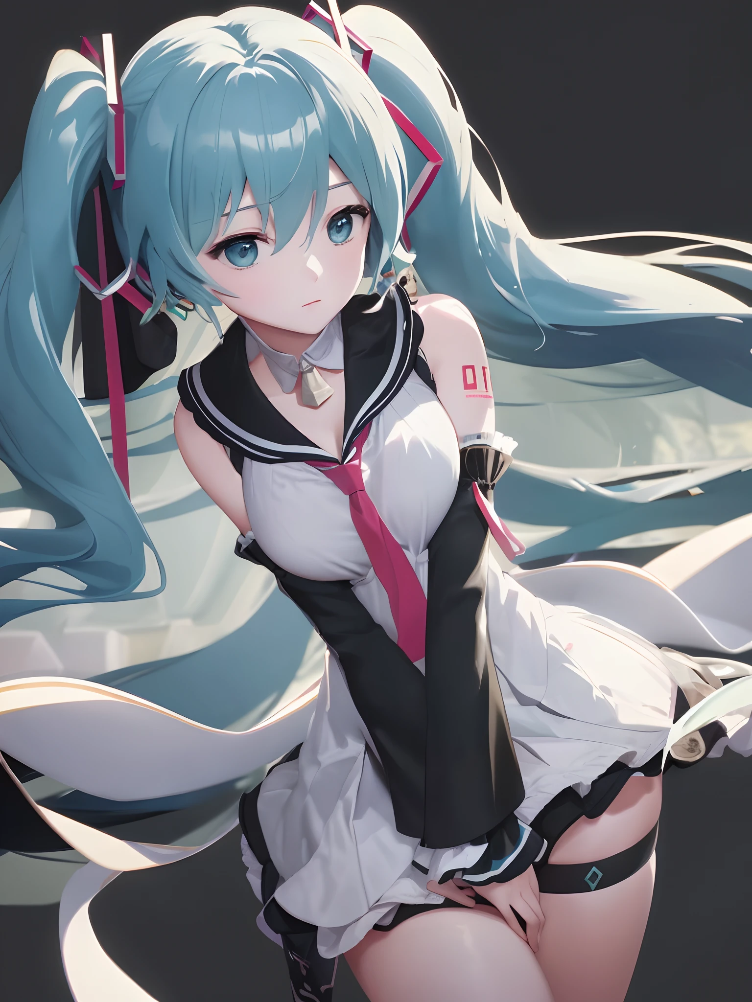 (One lady)、(​masterpiece)、(best qualtiy)、(ultra-detailliert)、(a high chroma)、(CG Illustration)、highcontrast、((low angles))、VOCALOID、((miku hatsune))、(Fine and beautiful eyes)、Delicate beautiful face、((dishevled hair))、(( a sailor suit))、See-through shirt、(Black stockings)、((B cup breasts))、((teats)) 、The best lighting、Poses in motion、Float inside、simple background