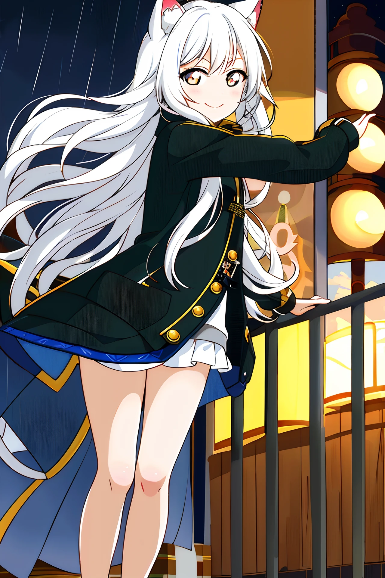 Long white hair,16-year-old girl,cat ear,Golden pupils,sandbeach,little bit of raining,deep in the night,full bodyesbian,wind coat,leisure wear,Barefoot,Bare legged,Smiling face,sideways standing,sideface,Raise a hand, Biye,sprout,Poor milk