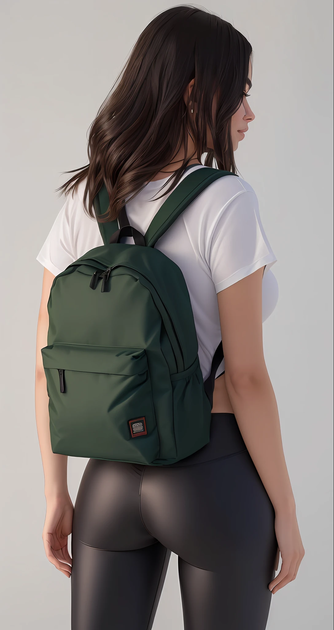 The back view of a beautiful woman with defined buttocks wearing a green backpack, legging pants, uma mochila, com uma mochila, mochila, ao entardecer!, uma mulher usando uma mochila, com dois bolsos frontais, A mulher tem uma mochila e usa leggings, saco sobre a cintura, 3/4 vista frontal, Noite ao entardecer, in a medium full shot, F / 2 0, dusk setting