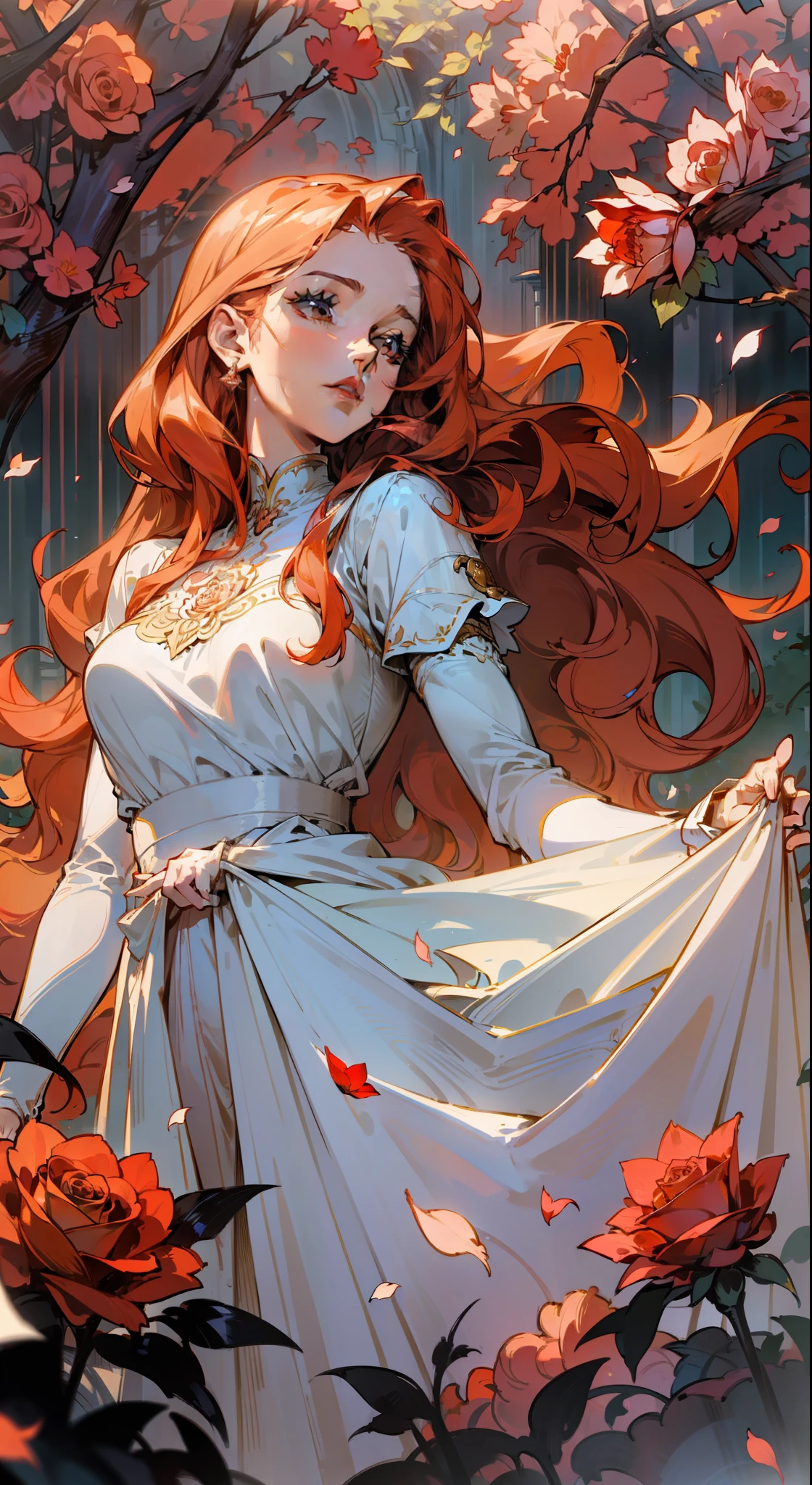 (masterpiece: 1.2, realistic: 1.37, ultra high resolution), female model, beautiful face, light skin, long red wavy hair, white dress, in a sunlit garden, with rose petals everywhere, high contrast, dynamic, soft focus.