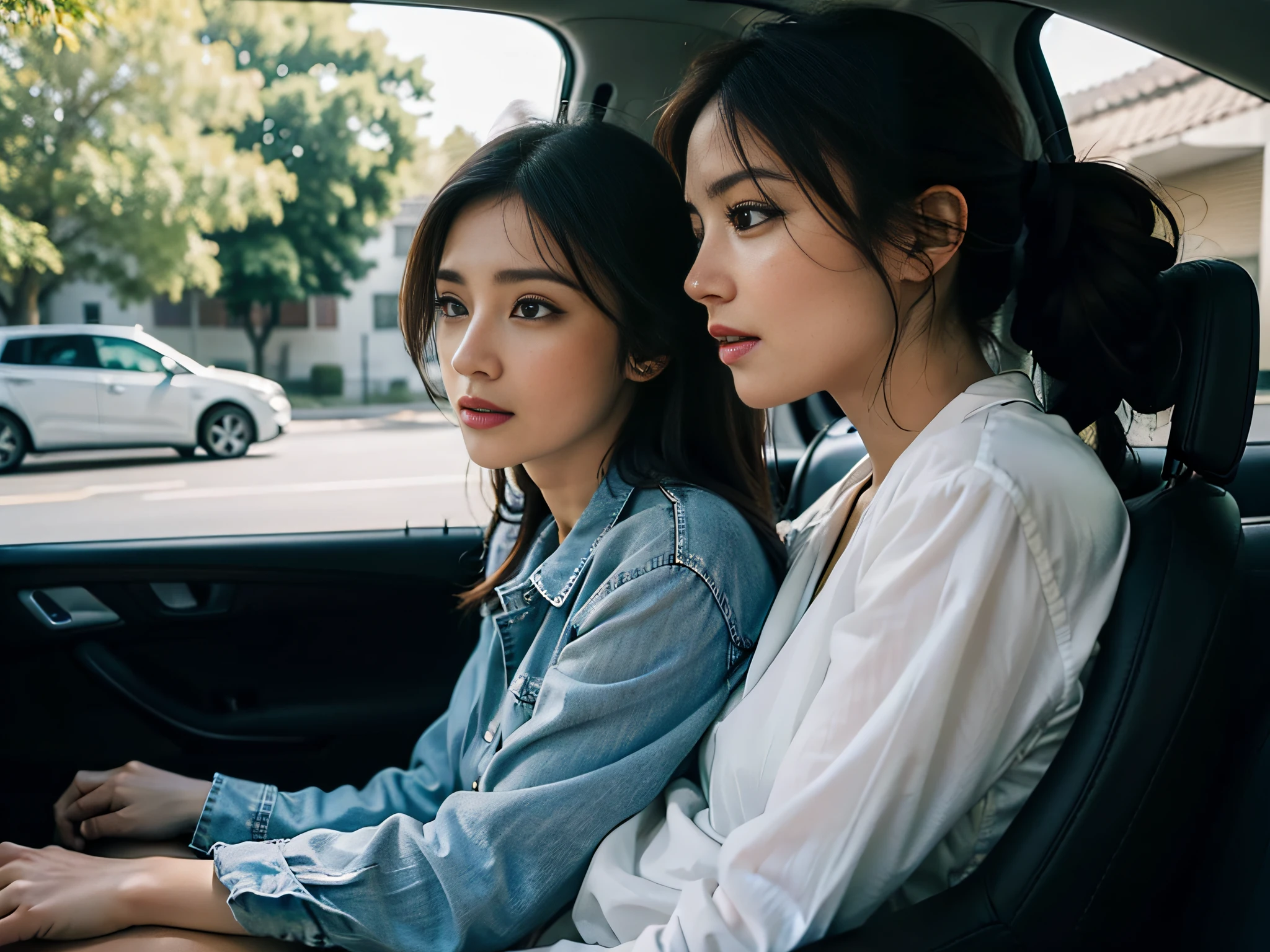 Two women sitting in the car talking,sface focus,Clear facial expressions