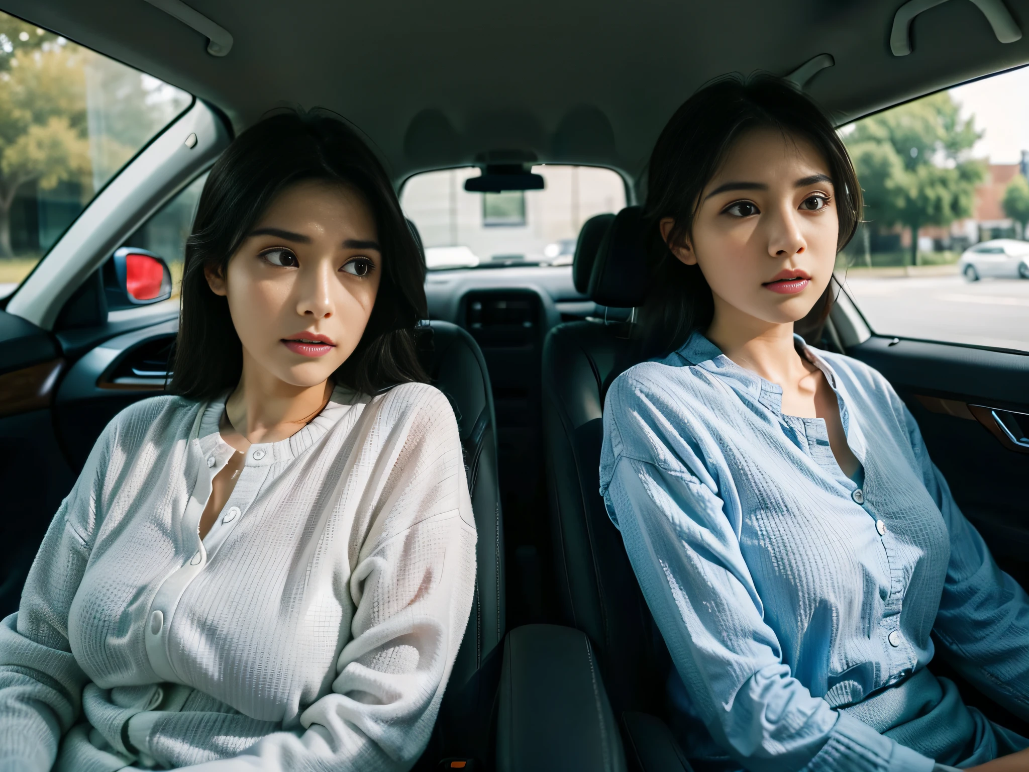 Two women sitting in the car talking,sface focus,Clear facial expressions