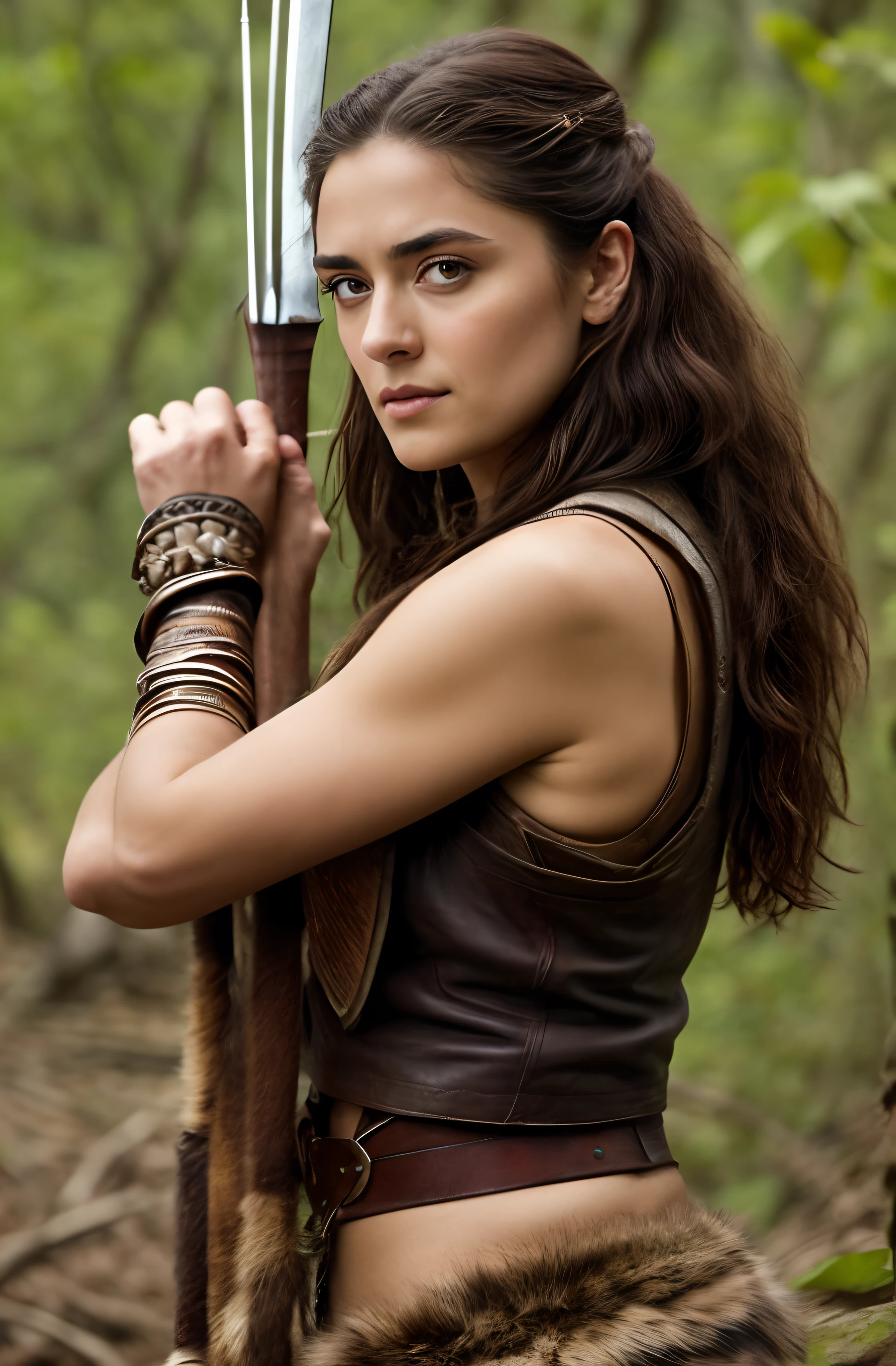 Masterpiece, High clarity eyes, perfect eyes, perfect face, perfect fingers, flawless, best quality, highly detailed, hunting pose, captivating beauty, Extremely Gorgeous woman with a bow and arrow, fluffy hair, in a leather, clothes and animal skins outfit, salma hayek as a barbarian, perfect eyes, hunting pose,small hairs in armpits visible, with bow and arrow, barbarian warrior woman, arya stark as venus, beautiful huntress, hunting goddess, lusty figure, warrior queen, Amazon tribal clothing, Amazon tribes dress,warrior woman, warrior princess, amazon warrior, a beautiful woman warrior, greek amazon warrior, beautiful female warrior, female archer, elven warrior princess, hunting woman, very beautiful female barbarian, beautiful hair, armpits crease