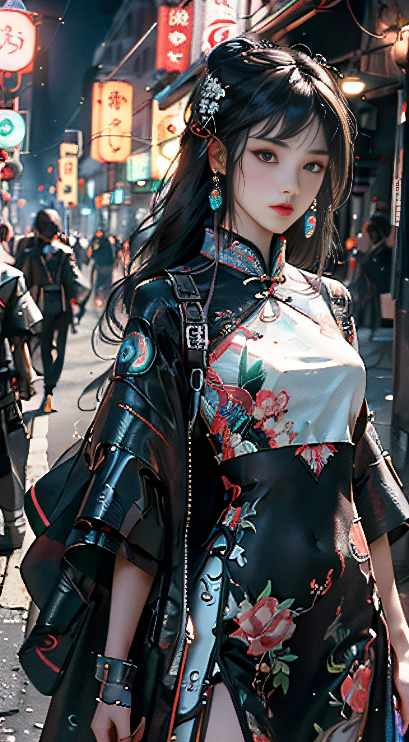 (Master Works :1.5), (Best picture quality :1.5), (Very Fine Detail, 8K, Wallpaper :1.3), Very Fine Detail, High contrast, Complex Detail, physics-based rendering, Best Composition, Whole body, Cyberpunk character Style, Dynamic Styling, 1 girl, Fine brown eyes, Eyeshadow, Makeup, long black hair, Detailed big eyes, looking at the audience, blush, full small lips, red lips, long hair :1.3, upper body, (standing), (Hair accessories :1.1), headwear, Chinese cheongsam, Cyberstyle Cheongsam, blue and pink cheongsam, (Cyberpunk Light :1.1), neon, all mechanical and futuristic elements, technology, the background is a traditional Chinese street, This street with no people, on the street with no people, paper lanterns, neon, Ultra high resolution, (Slim:1.2), dramatic lighting, vibrant detail, Deluxe Cyberpunk, Complex background, octane render, 8k, best quality, masterpieces, illustrations, extremely delicate and beautiful, Very detailed, CG, wallpaper, (realistic, realistic :1.37), Amazing, fine detail, masterpiece, best quality, official art, (Natta :1.5) cowboy shot