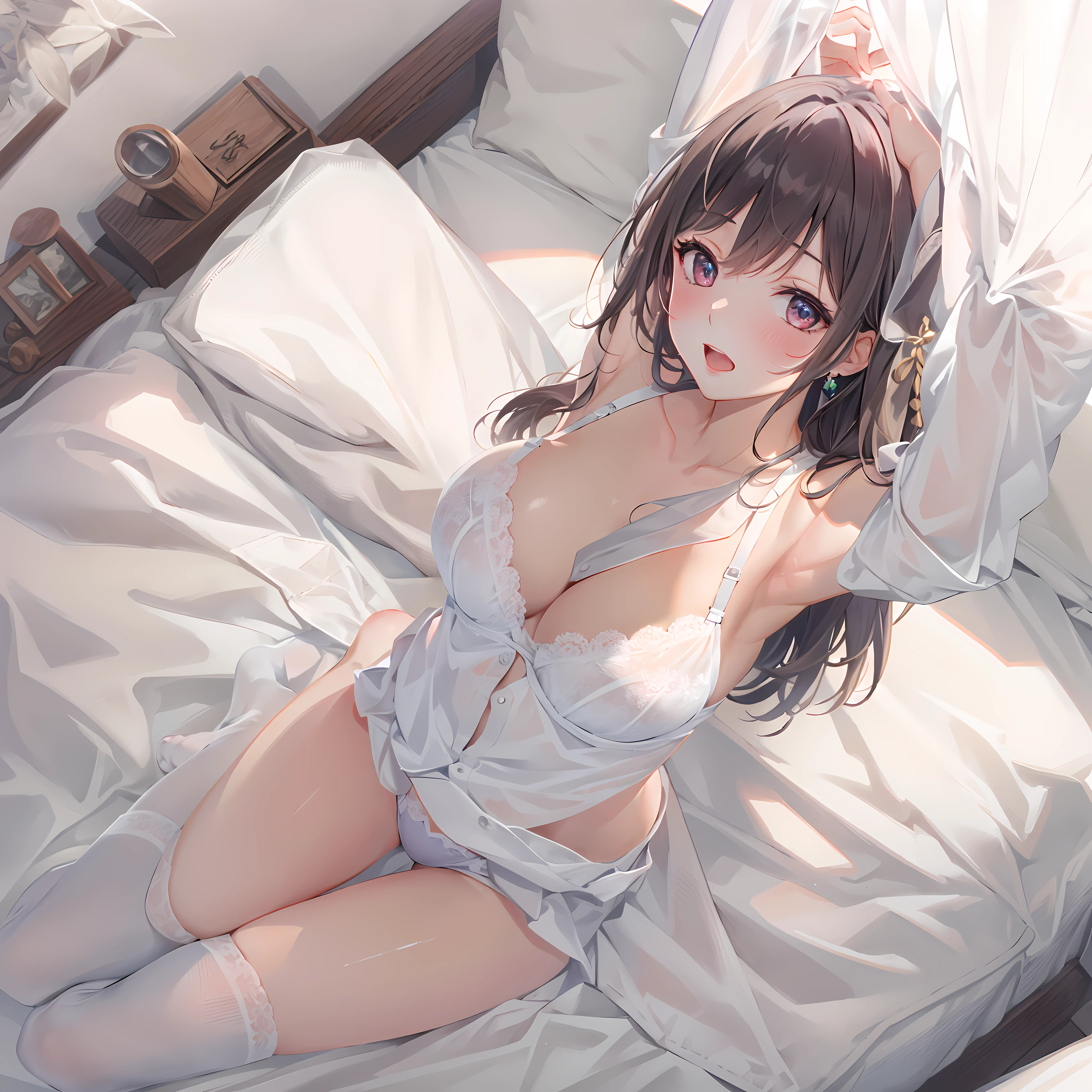 Detailed,8K,1girl in, Undressing,Arms up,White bra,Panties,Armpits, POV,flat chest, wariza,on the beds,Full body,