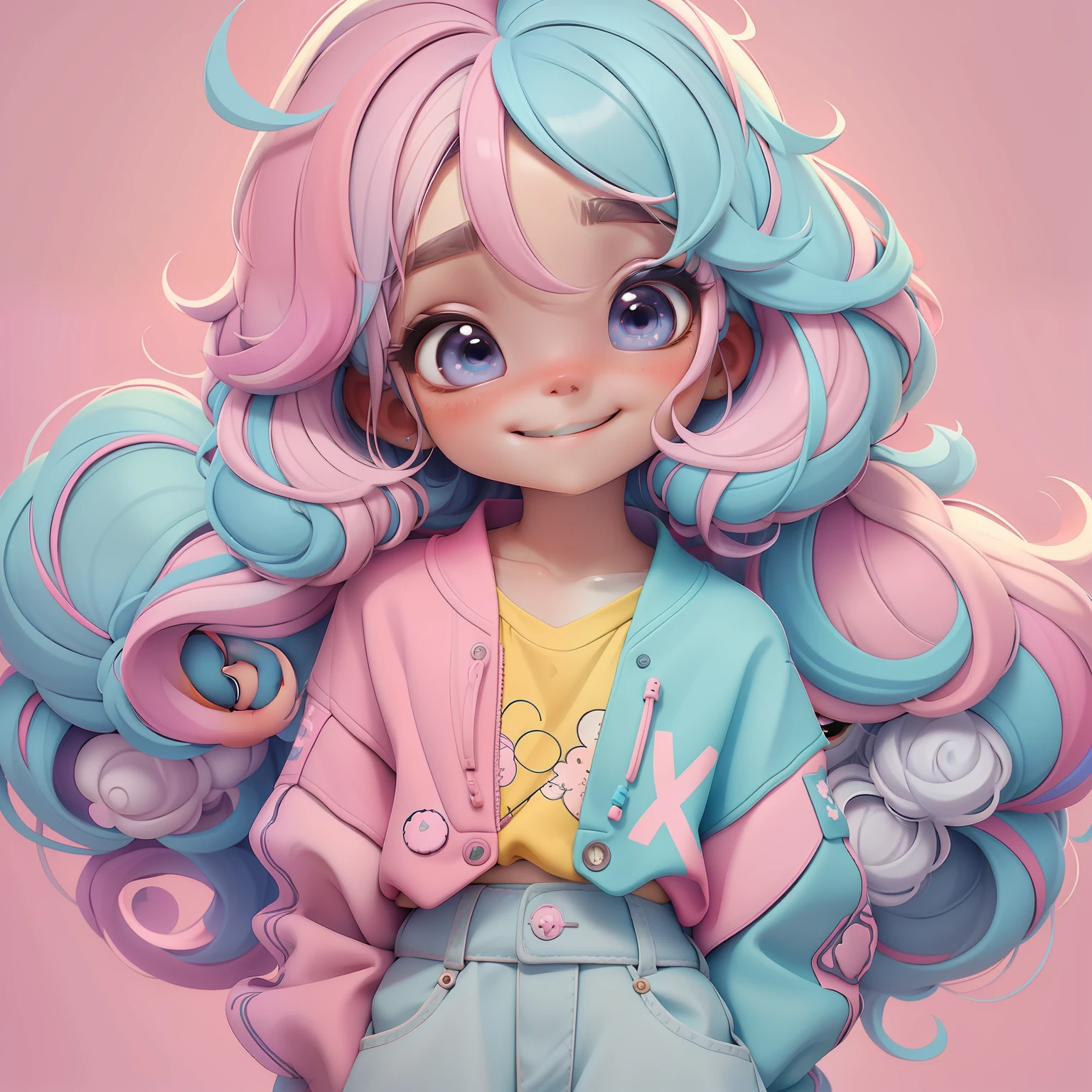girl, cabelo mesclado multicolorido, preso, tom pastel, sorriso e olhos delicados, corpo inteiro, moletom, fundo simples, Melhor Qualidade