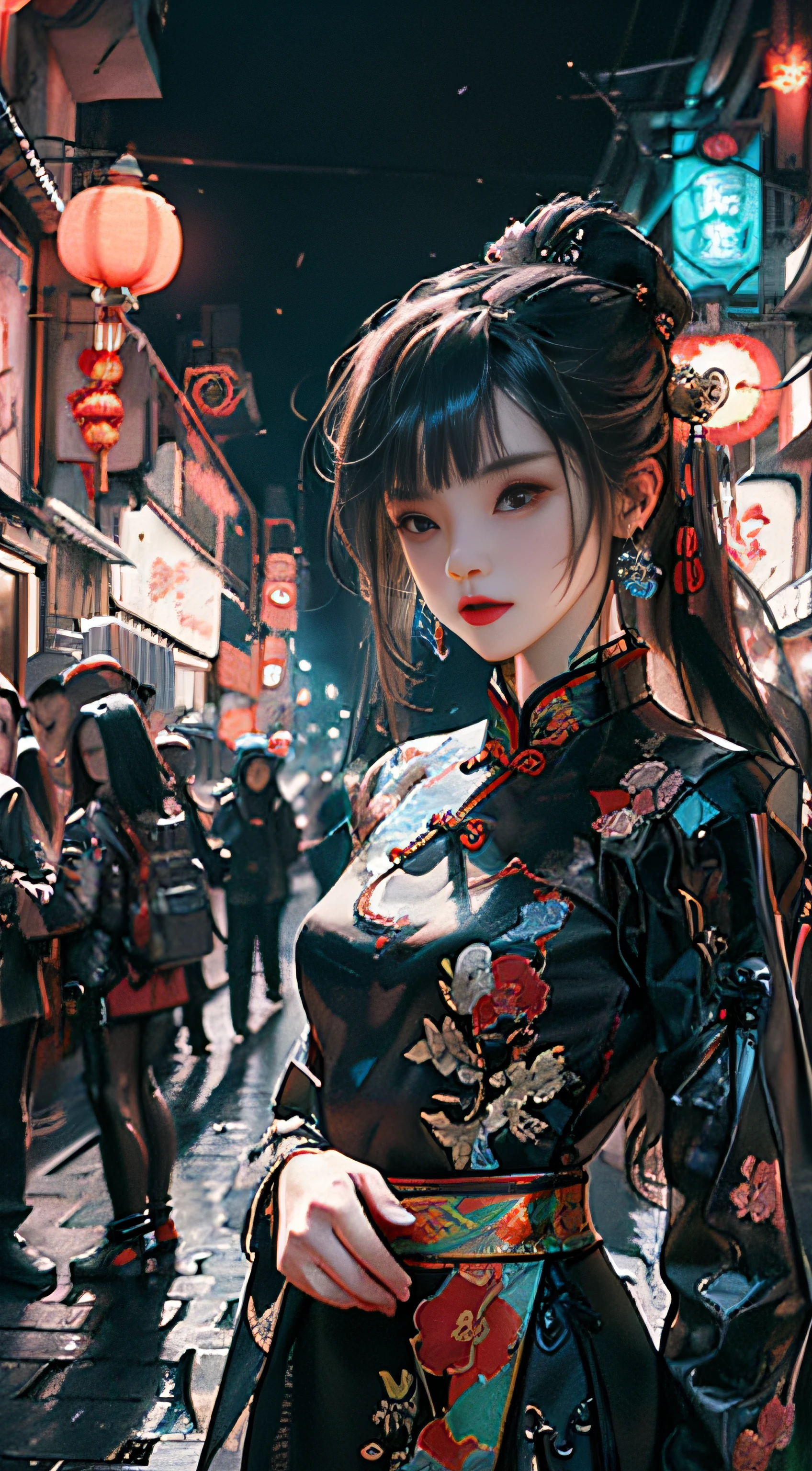 (Master Works :1.5), (Best picture quality :1.5), (Very Fine Detail, 8K, Wallpaper :1.3), Very Fine Detail, High contrast, Complex Detail, physics-based rendering, Best Composition, Whole body, Cyberpunk character Style, Dynamic Styling, 1 girl, Fine brown eyes, Eyeshadow, Makeup, long black hair, Detailed big eyes, looking at the audience, blush, full small lips, red lips, long hair :1.3, upper body, (standing), (hair accessories :1.1), headwear, Chinese cheongsam, Cyberstyle Cheongsam, blue and pink cheongsam, (Cyberpunk Light :1.1), neon, all mechanical and futuristic elements, technology, background is traditional Chinese street, Chinese town, Chinese city, Chinese city, Chinese city, Chinese city, Chinese city. Street, Paper Lantern, Neon, Ultra high resolution, (Slim:1.2), dramatic lighting, vibrant Detail, Deluxe Cyberpunk, Complex Background, Octane render, 8k, best quality, masterpieces, illustrations, extremely delicate and beautiful, Very detailed, CG, wallpaper, (realistic, realistic :1.37), amazing, fine Detail, Masterpiece, best quality, official art, (Natta :1.5) cowboy shot