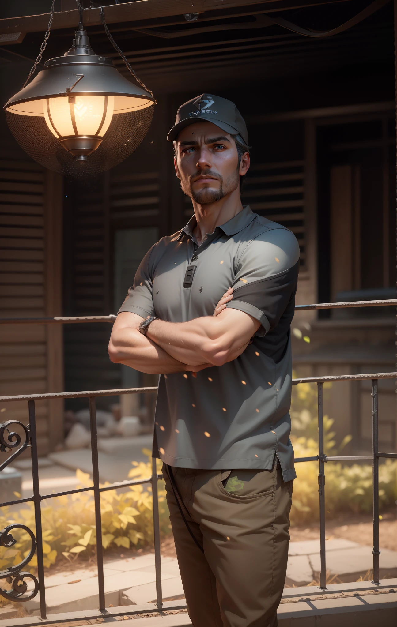 realistically, dynamic lights, young, gray stubble, full shoot, (extremely detailed CG unity 8k wallpaper), trending on ArtStation, trending on CGSociety, High Detail, Sharp focus, dramatic, photorealistic