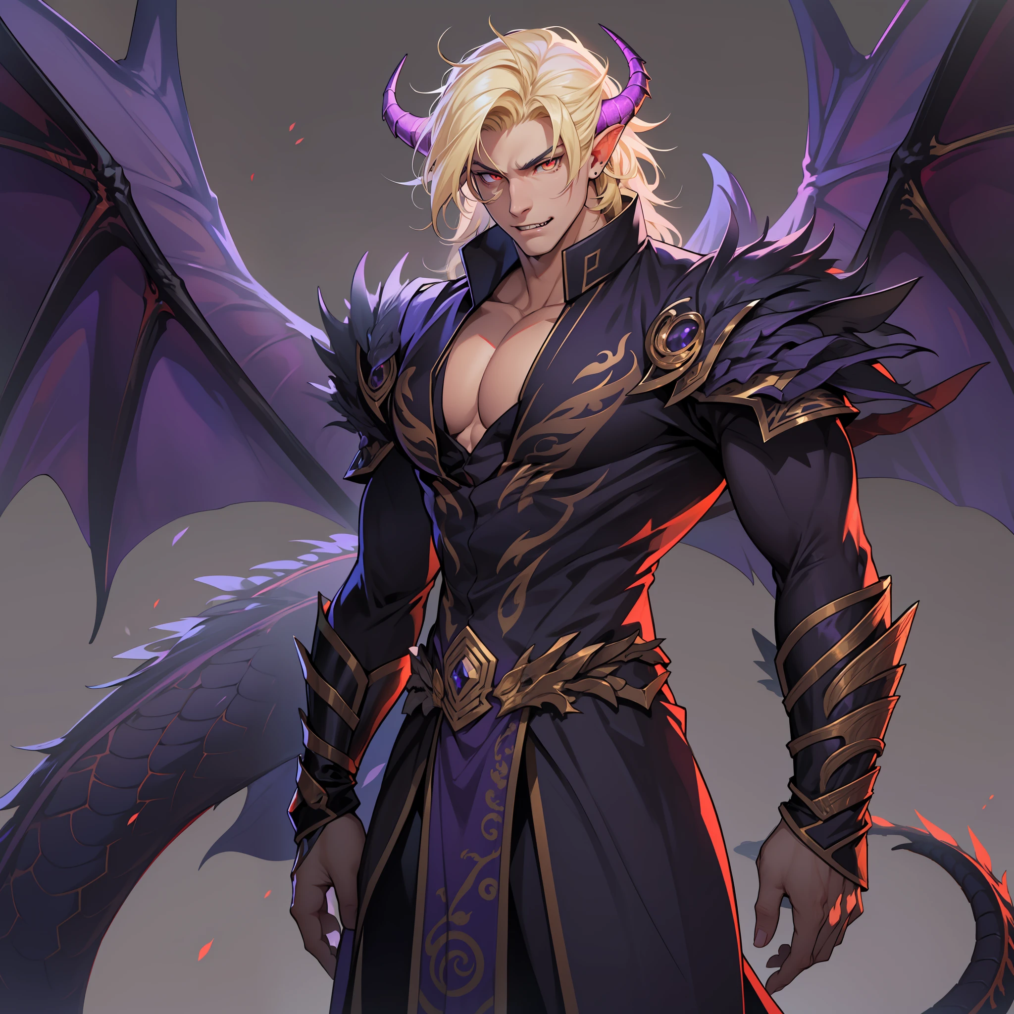 Dragon with black scales and long talons. Horns. Golden eyes. Huge wings. soft eyes. Dragon in human form. Lomg hair. Blonde hair. Red eyes. Roman nose. Fangs. Soft expression. Soft look. Tall muscular male. Purple attire. Purple clothes.