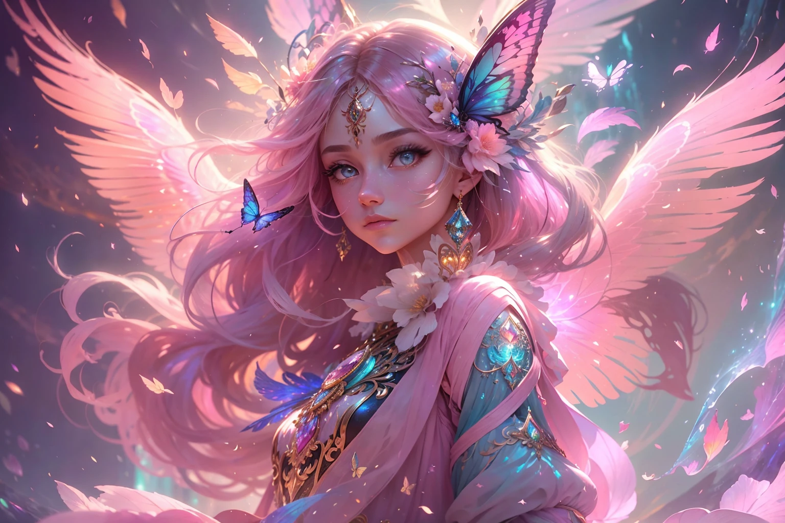 (((masterpiece))), (((best quality))), ((ultra-detailed)),(highly detailed CG illustration), ((an extremely delicate and beautiful)),cinematic light, Create a stunning fantasy artwork that mimics the style of currently trending masters of the genre. The art piece should contain elements of both mythic fantasy and fairytale fantasy with colorful accents. ((Utilize various shades of pink and watercolor pastels as the main color scheme.)) The character in the artwork is a delicate but strong petite figure with an aura of mystery and magic. Pay close attention to intricate facial features, such as mesmerizing eyes with vibrant colors and bold shading. The character's clothing should be designed with gossamer feathers, silk, stunning embroidery, and subtle iridescent details. Incorporate dreamy colors, dynamic lighting, and detailed background elements to create a sense of awe and immersion. Include colorful flying magical birds and jewel-toned butterflies radiating a magical aura. Consider the latest trends in fantasy art, such as incorporating unique lighting effects, exploring dynamic and compelling composition techniques, and experimenting with unique color palettes. Take inspiration from the top artists on ArtStation and Midjourney. Camera: Choose an angle that highlights the character's beauty and enhances the magical majesty of the artwork. Lighting: Utilize atmospheric lighting techniques to create depth and mood. Resolution: Aim for a high-resolution artwork to showcase intricate details and clarity. Art Inspirations: Seek inspiration from the trending artists on ArtStation, exploring different styles, genres, and themes.