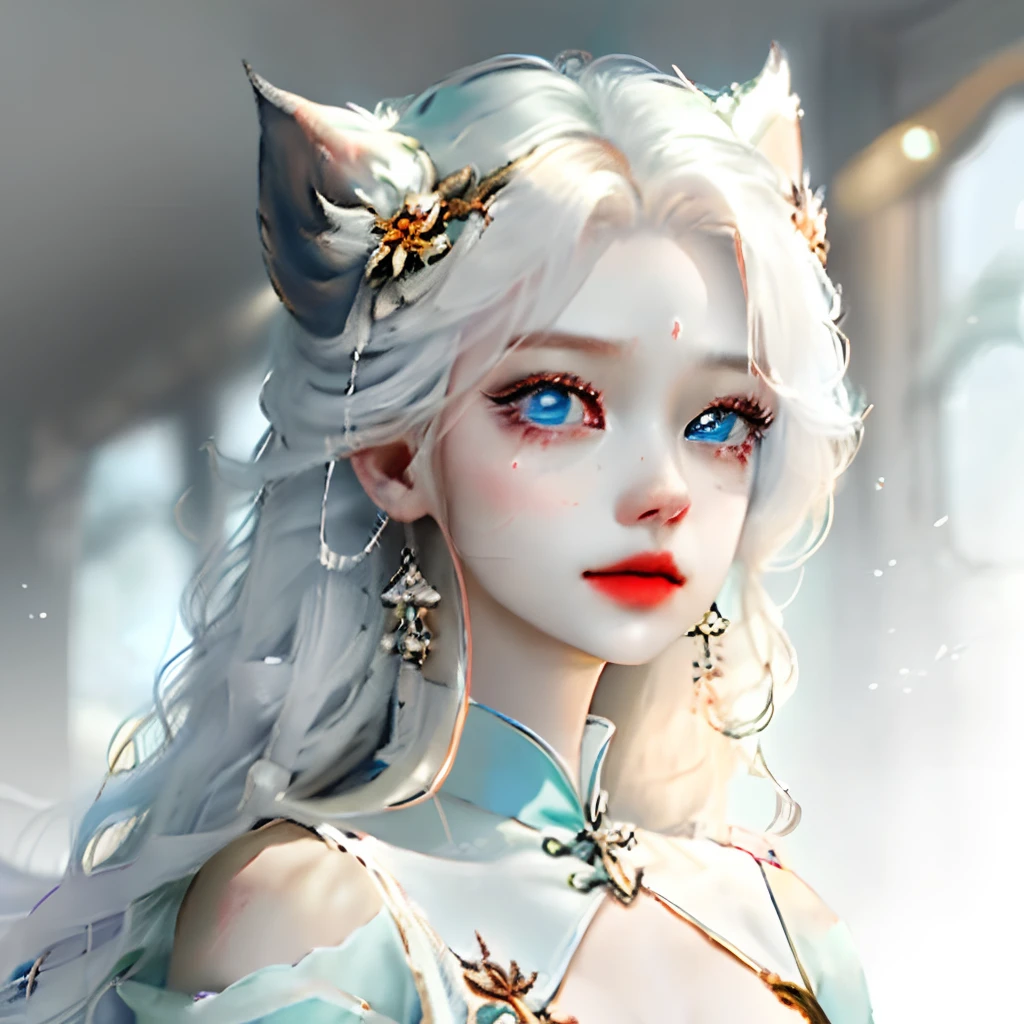long whitr hair,Enchanting looking,Bright eyes,The tail of the eye is slightly raised,The pupils are bright and clear,The complexion is as white as porcelain,The lips are red without dots,Extremely beautiful。