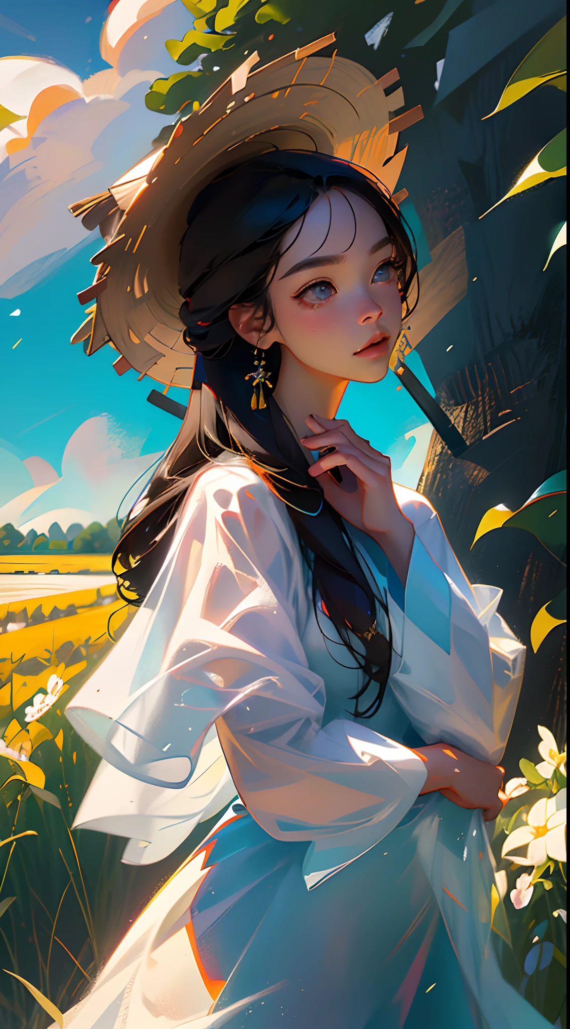 Straw hat wearing(Chinese girl:1.2)standing in a wheat field，中景 the scene is，（Extremely delicate and perfect facial depiction），（Wearing a gorgeous pink cheongsam:1.2)，Cheongsam in lightweight silky fabric，(Long black hair)，Long silky hair，中景 the scene is，Endless golden wheat fields，blue-sky，Rolling white clouds，The vistas are trees and birds，Rice fields，There are neat rice seedlings in the field，ln the forest，hillside，Quiet，（The setting sun shines obliquely through the clouds），（Extremely detailed picture depiction），high definition detail、Hyper-detailing、cinematic ligh、ultra-realistic realism、Soft light、Deep field focus bokeh、Ray tracing and surrealism，Strong color contrast effect，（octanerender），（8k wallpaper），（Noticeable light and shadow effects），（Light particle tracing），（White balance），（cinmatic lighting），（Masterpiece），（Master painting），realisticlying