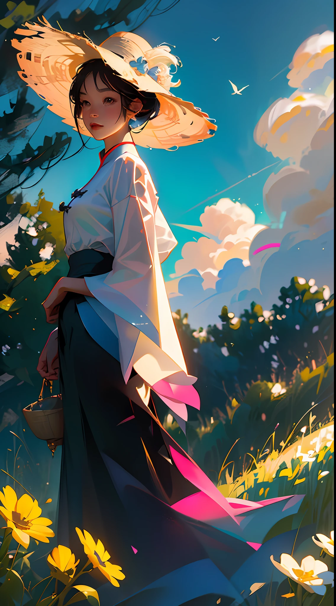 Straw hat wearing(Chinese girl:1.2)standing in a wheat field,中景 the scene is,(Extremely delicate and perfect facial depiction),(Wearing a gorgeous pink cheongsam:1.2),Cheongsam in lightweight silky fabric,(Long black hair),Long silky hair,中景 the scene is,Endless golden wheat fields,blue-sky,Rolling white clouds,The vistas are trees and birds,Rice fields,There are neat rice seedlings in the field,ln the forest,hillside,Quiet,(The setting sun shines obliquely through the clouds),(Extremely detailed picture depiction),high definition detail、Hyper-detailing、cinematic ligh、ultra-realistic realism、Soft light、Deep field focus bokeh、Ray tracing and surrealism,Strong color contrast effect,(octanerender),(8k wallpaper),(Noticeable light and shadow effects),(Light particle tracing),(White balance),(cinmatic lighting),(Masterpiece),(Master painting),realisticlying