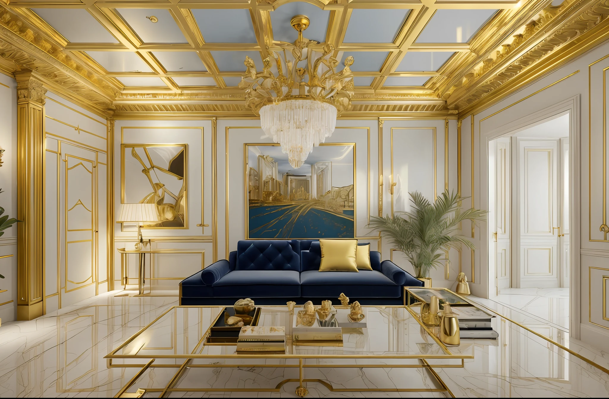 (masterpiece), (best quality), cinematic light, sharp focus, 4k, high resolution, masterpiece, best quality, sharp focus, cinematic light, natural light natural, daylight, ((modern living room scene:1.2)), modern living room, (realistic), (masterpiece), super detailed, surreal, (full detail), ( high quality), (8k), (4k), daylight, mural, walnut floor, (decorative ceiling light: 1.1), pure white ceiling, ((light) at night :1.1 )), (room light comes on), ((blue sofa table, gilded frame:1.2))