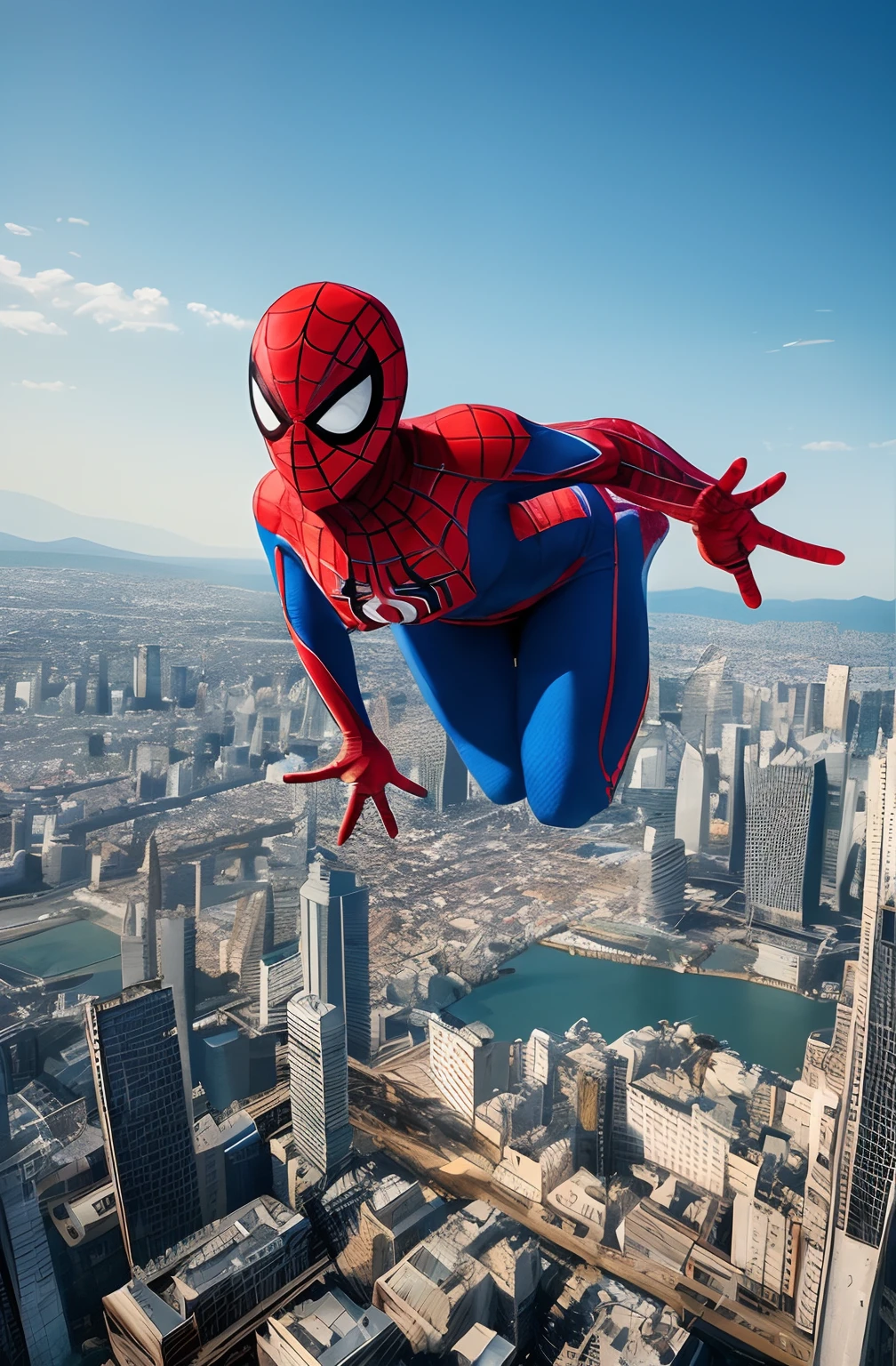 4k, realistic, carismatic, very detail, there is a girl on top city, wearing spiderman costum, she is a spiderman, white super hero theme, white long hair, 25 years old, full body