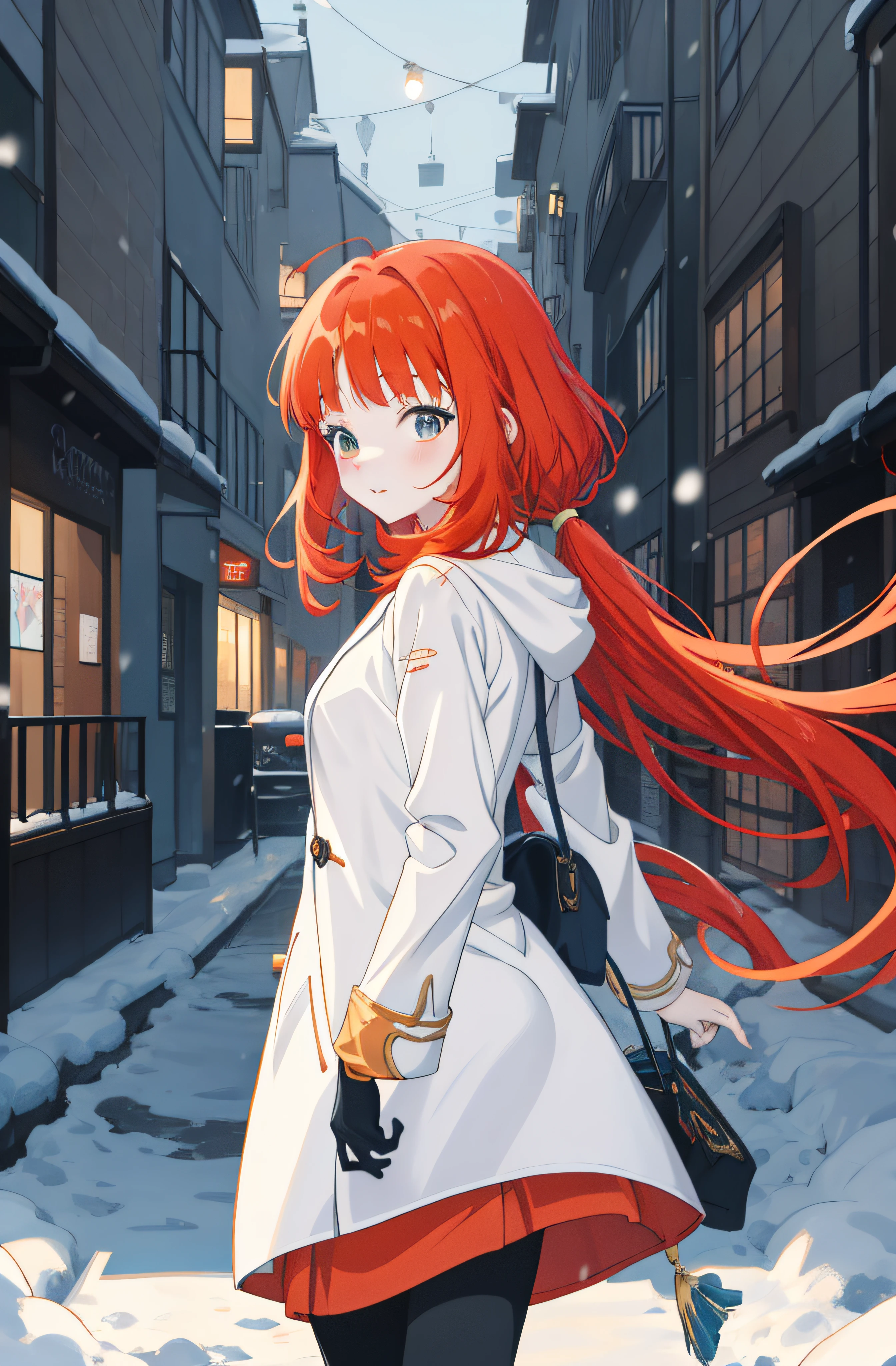 anime girl with red hair and white coat walking down a snowy street, anime style 4 k, anime girl with long hair, anime art wallpaper 8 k, anime art wallpaper 4 k, anime art wallpaper 4k, she has long redorange hair, painted in anime painter studio, anime wallpaper 4 k, anime wallpaper 4k, zerochan art, anime moe artstyle