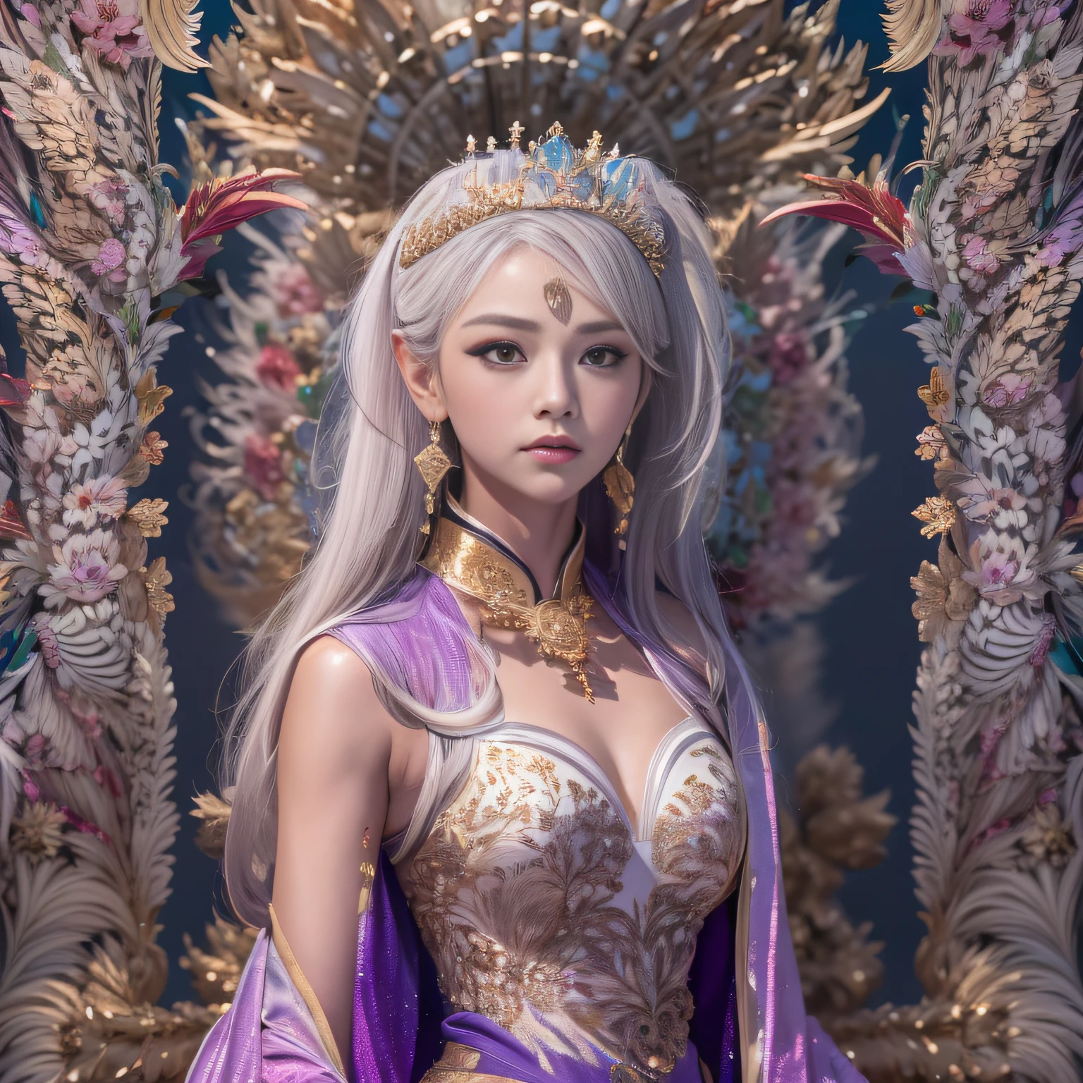 16k(tmasterpiece,k hd,hyper HD,16k)short detailed hair,Gold jewelry area in the back room,Flame Girl ,Yao Lang protector (realisticlying:1.4),Python pattern robe,Purple-pink tiara,Snowflakes fluttering,The background is pure,Hold your head high,Be proud,The nostrils look at people, A high resolution, the detail, RAW photogr, Sharp Re, Nikon D850 Film Stock Photo by Jefferies Lee 4 Kodak Portra 400 Camera F1.6 shots, Rich colors, ultra-realistic vivid textures, Dramatic lighting, Unreal Engine Art Station Trend, cinestir 800,Hold your head high,Be proud,The nostrils look at people