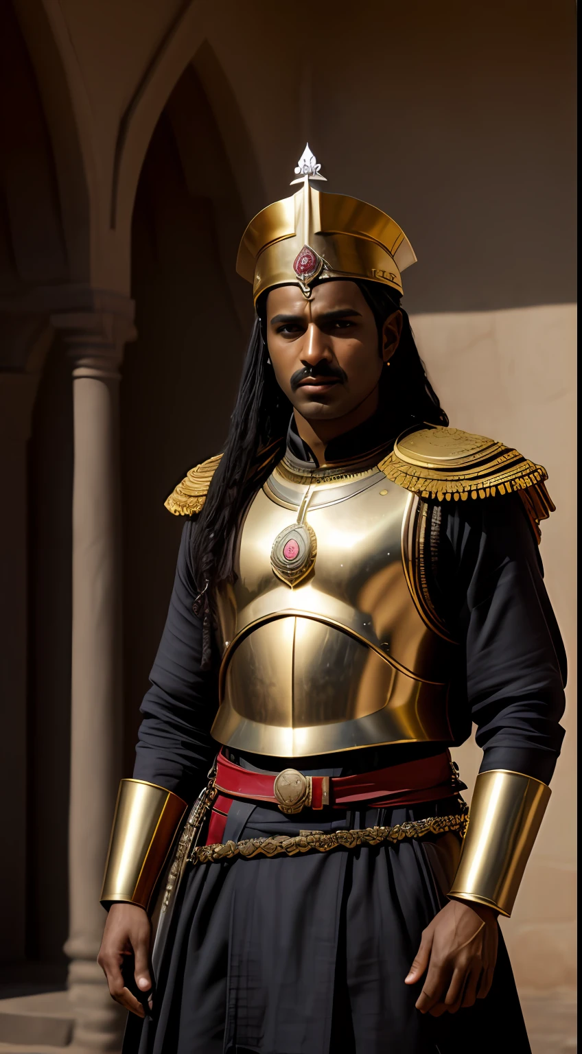{A powerful portrayal of the Ethiopian warrior Malik Ambar, garbed in traditional Indian military attire. His stance is commanding, and his gaze piercing. Around him, loyal Indian soldiers stand poised, echoing his resilience. The entire scene, set in the 17th century, is brought to life with meticulous attention to historical details.}, Realistic, Greg Rutkowski, 70mm, Medium Shot, (4K:1.25), (Golden ratio:1.1), (ambient light:1.2), (rutkowski:1.1), (hyperrealistic 3d render:1.16)